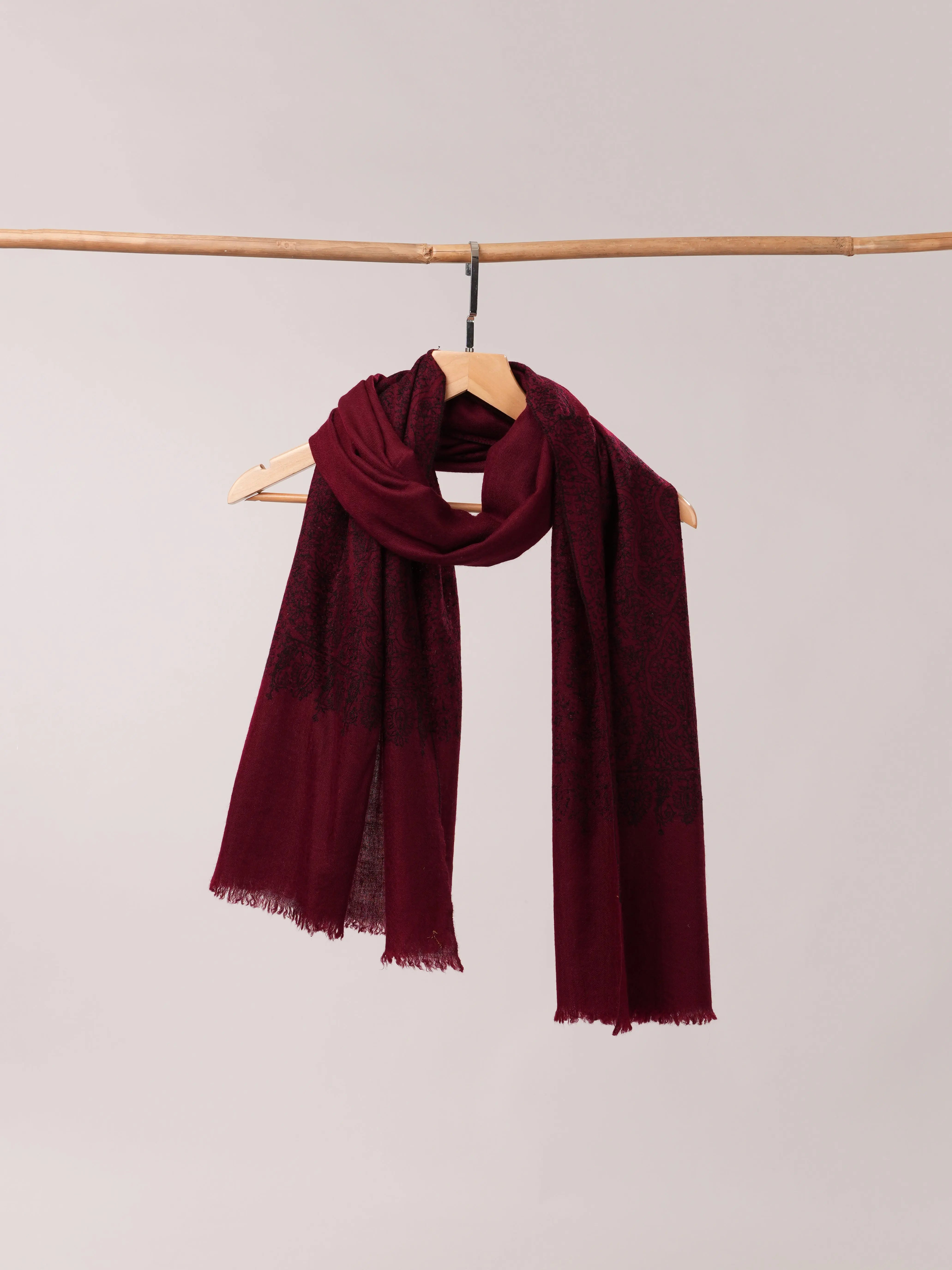 Maroon Cashmere Scarf with Black Hand Embroidery Shahkaar.com
