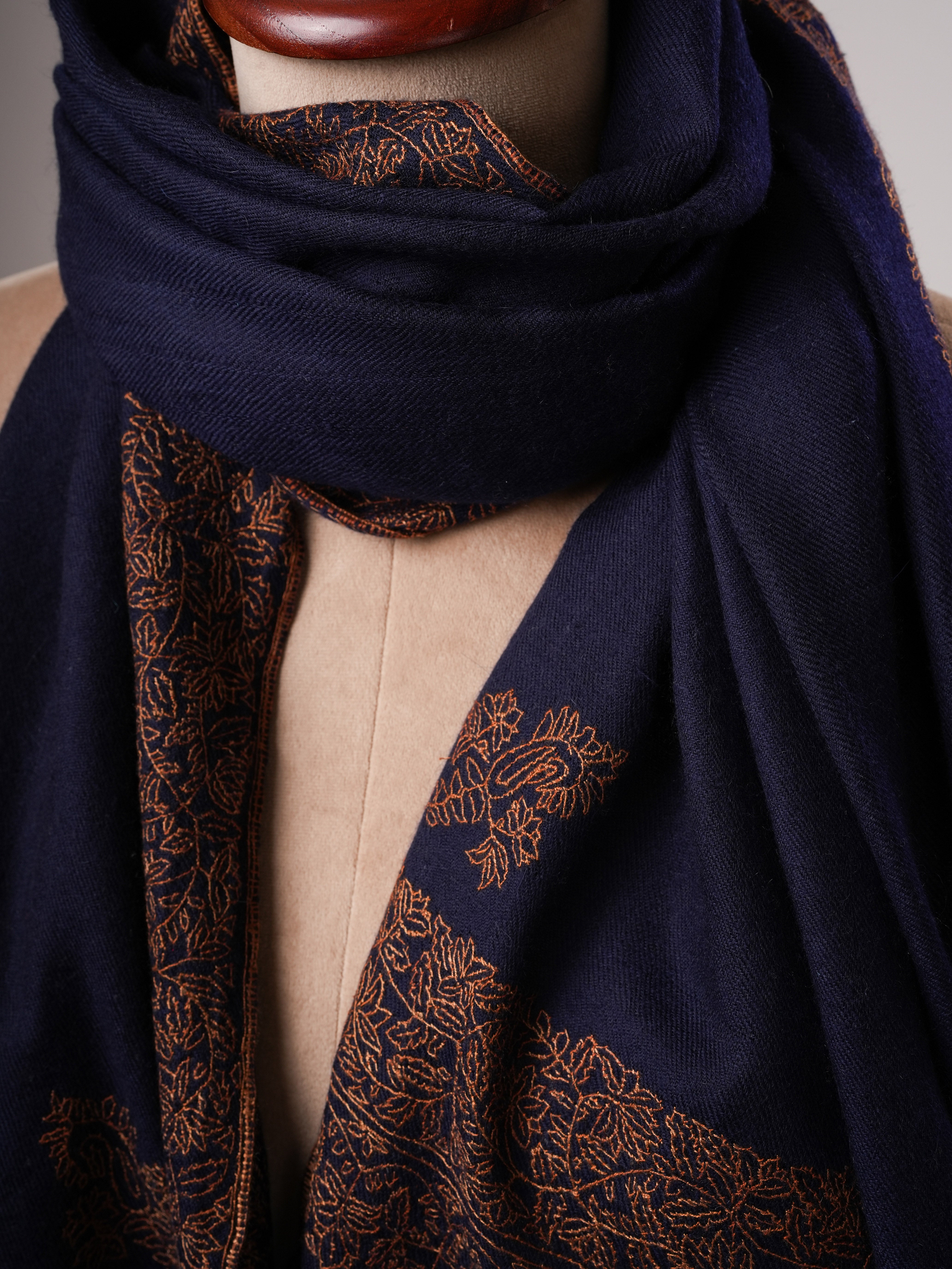 Contemporary Dark Blue Cashmere Scarf with Handcrafted Daur Embroidery Shahkaar