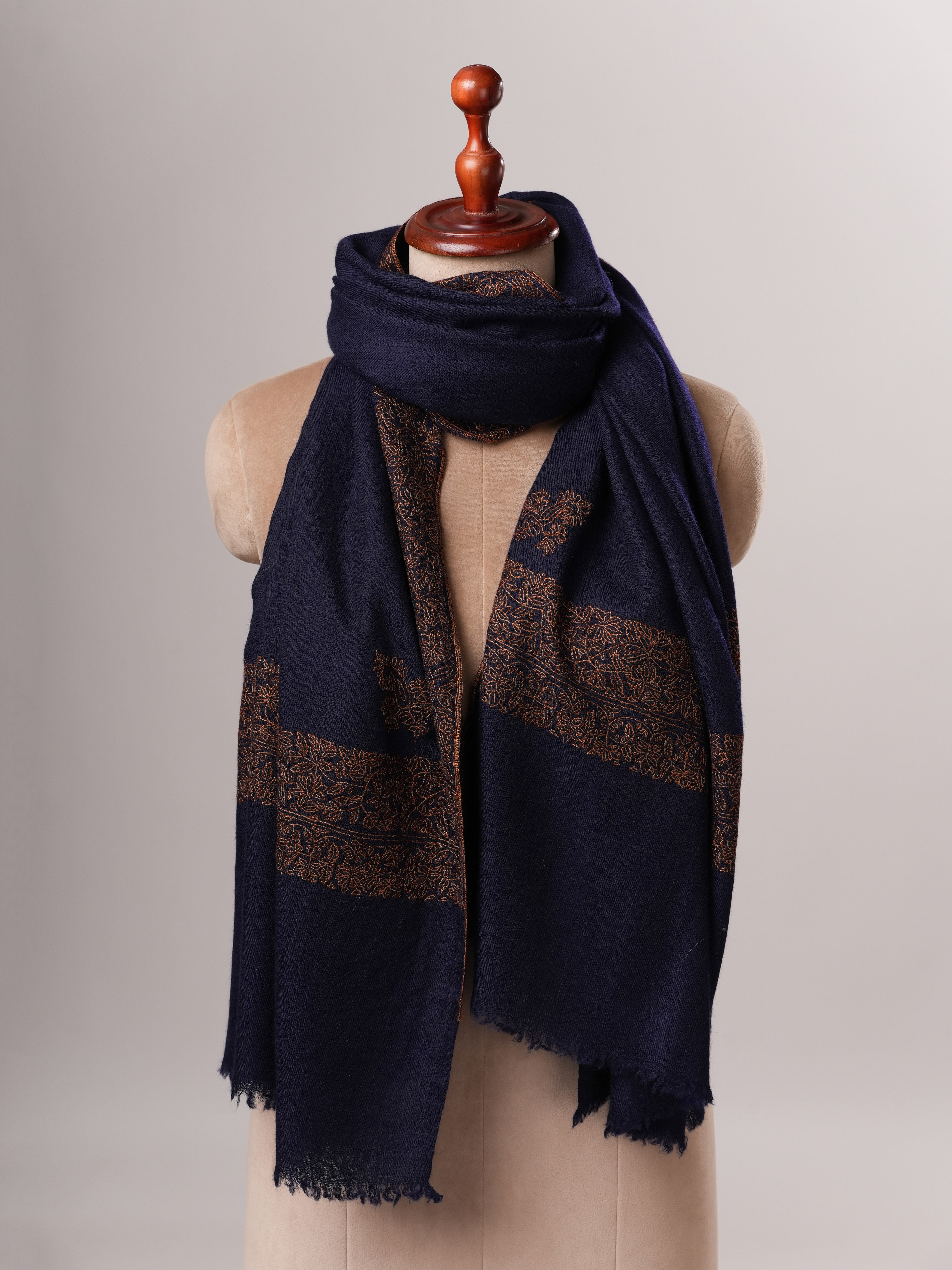 Contemporary Dark Blue Cashmere Scarf with Handcrafted Daur Embroidery Shahkaar
