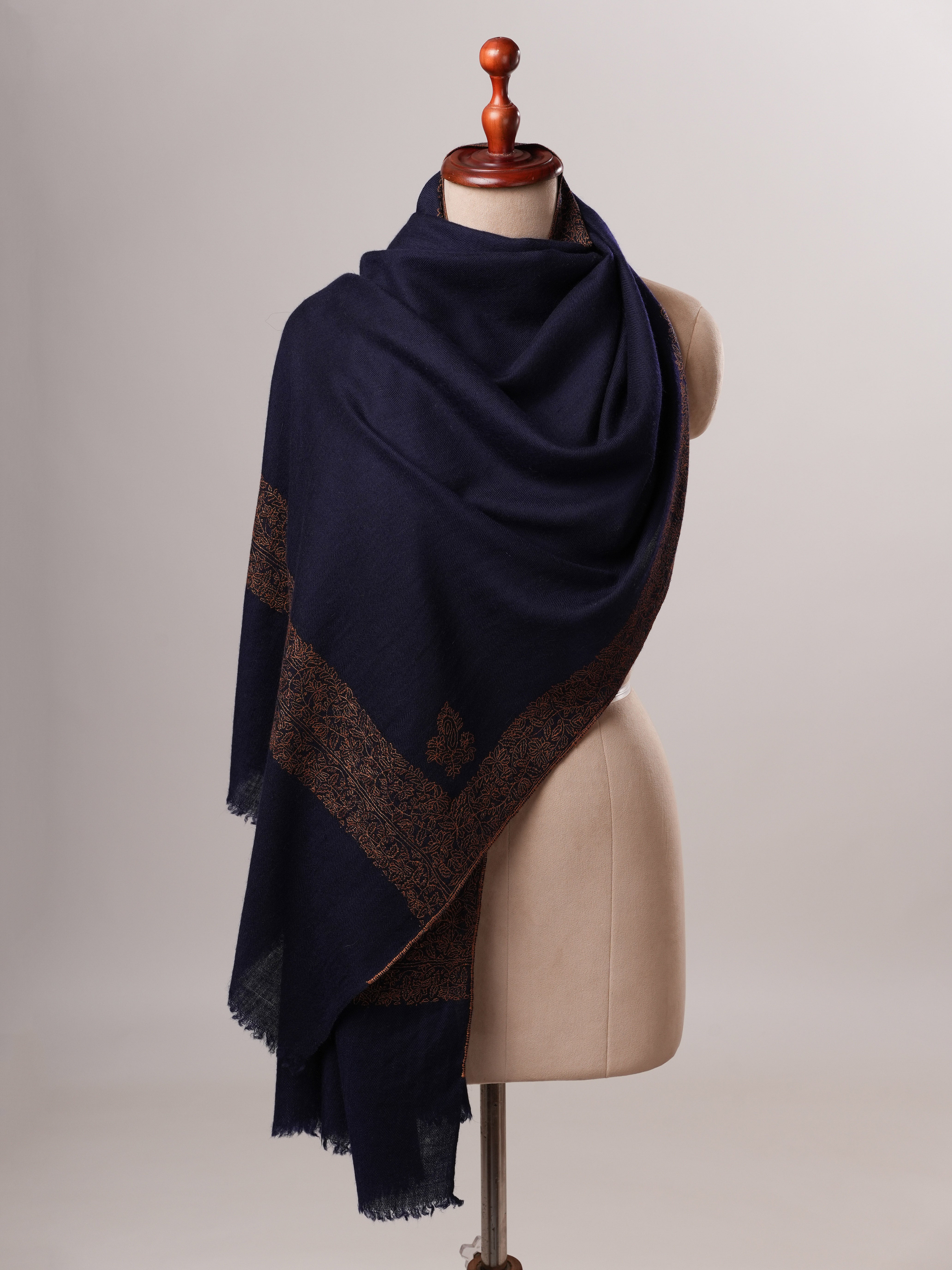 Contemporary Dark Blue Cashmere Scarf with Handcrafted Daur Embroidery Shahkaar