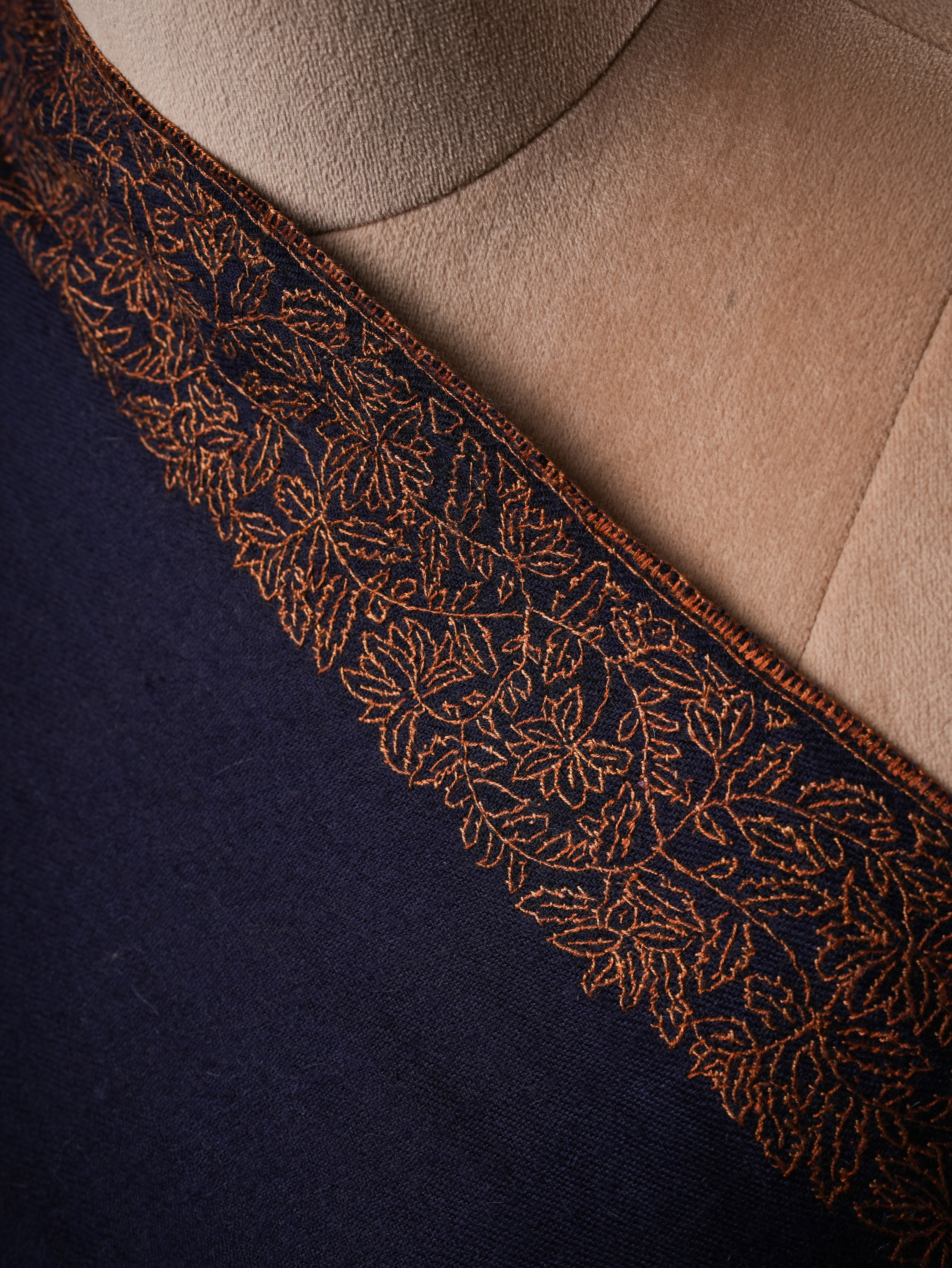 Contemporary Dark Blue Cashmere Scarf with Handcrafted Daur Embroidery Shahkaar