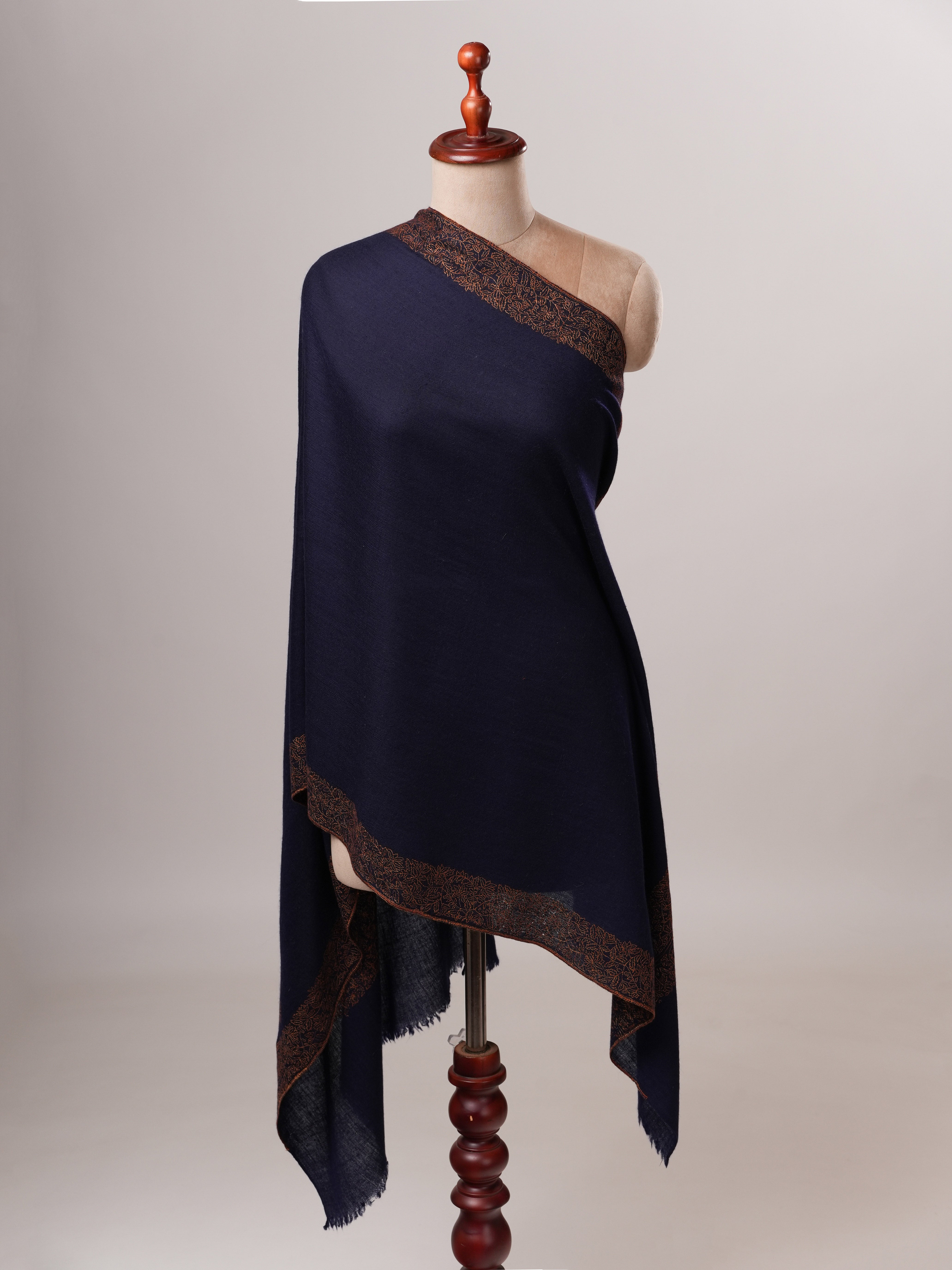Contemporary Dark Blue Cashmere Scarf with Handcrafted Daur Embroidery Shahkaar