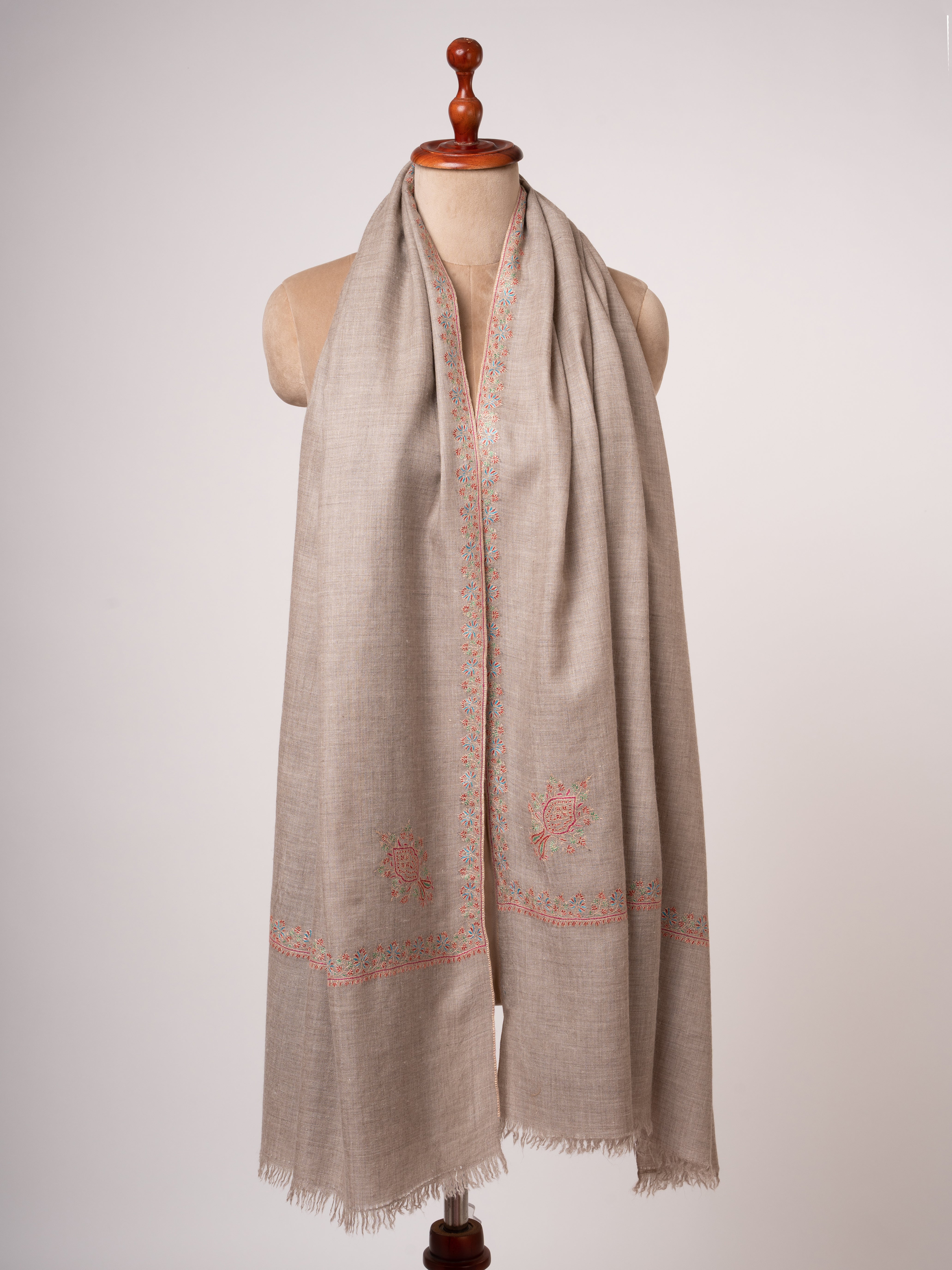 Natural Beige Kashmiri Pashmina Shawl Hashia Embroidery Shahkaar