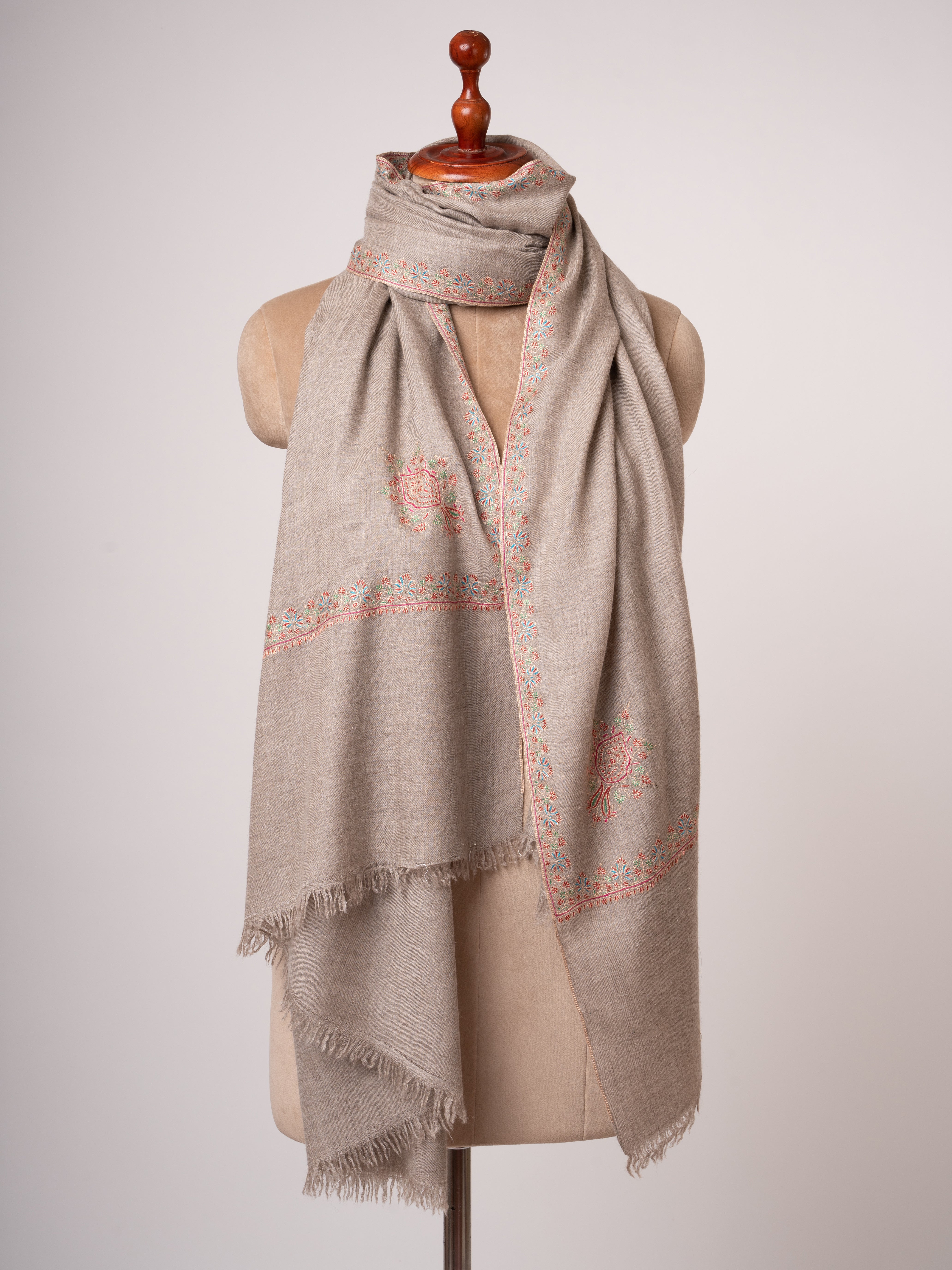 Natural Beige Kashmiri Pashmina Shawl Hashia Embroidery Shahkaar