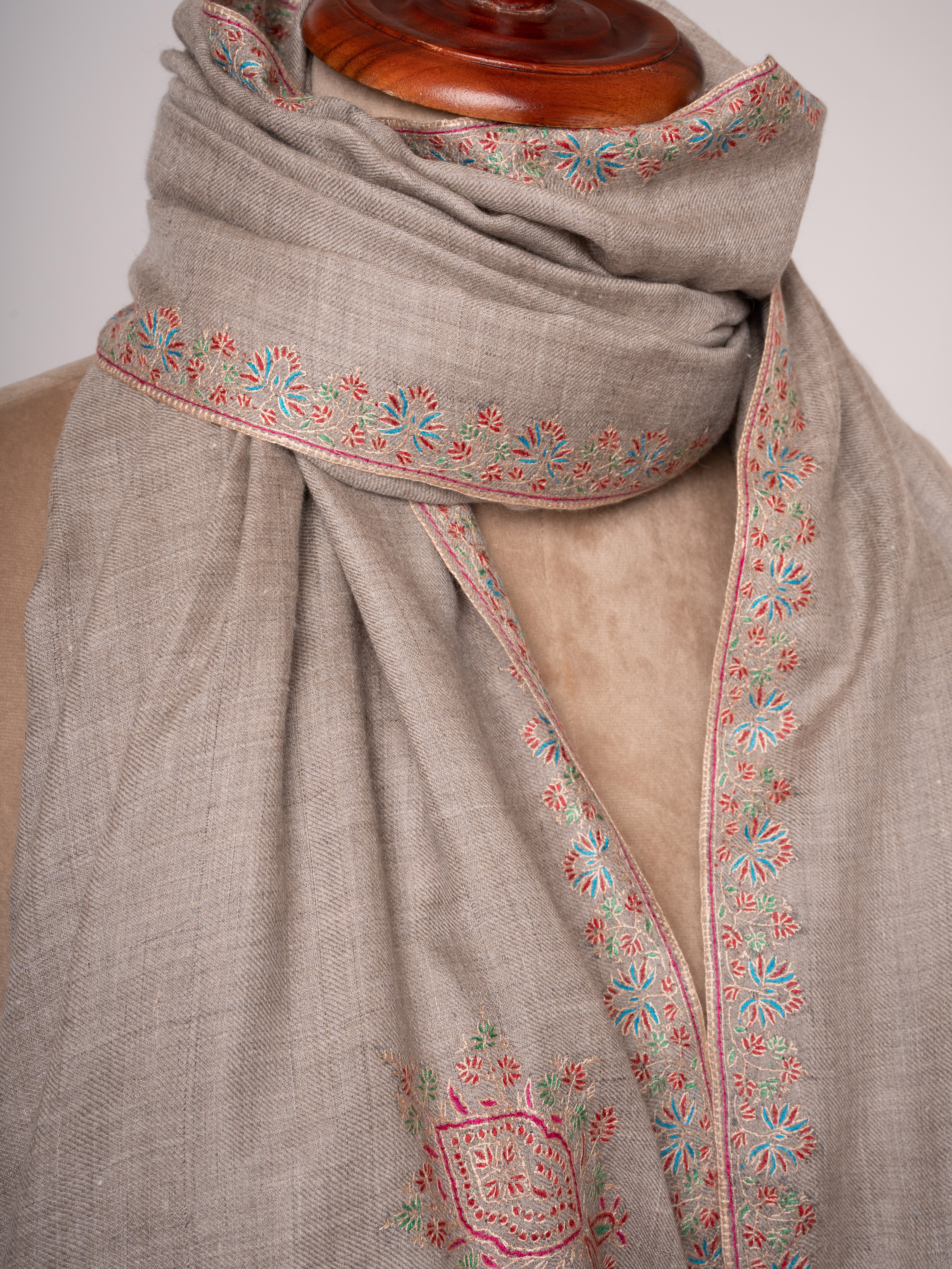 Natural Beige Kashmiri Pashmina Shawl Hashia Embroidery Shahkaar
