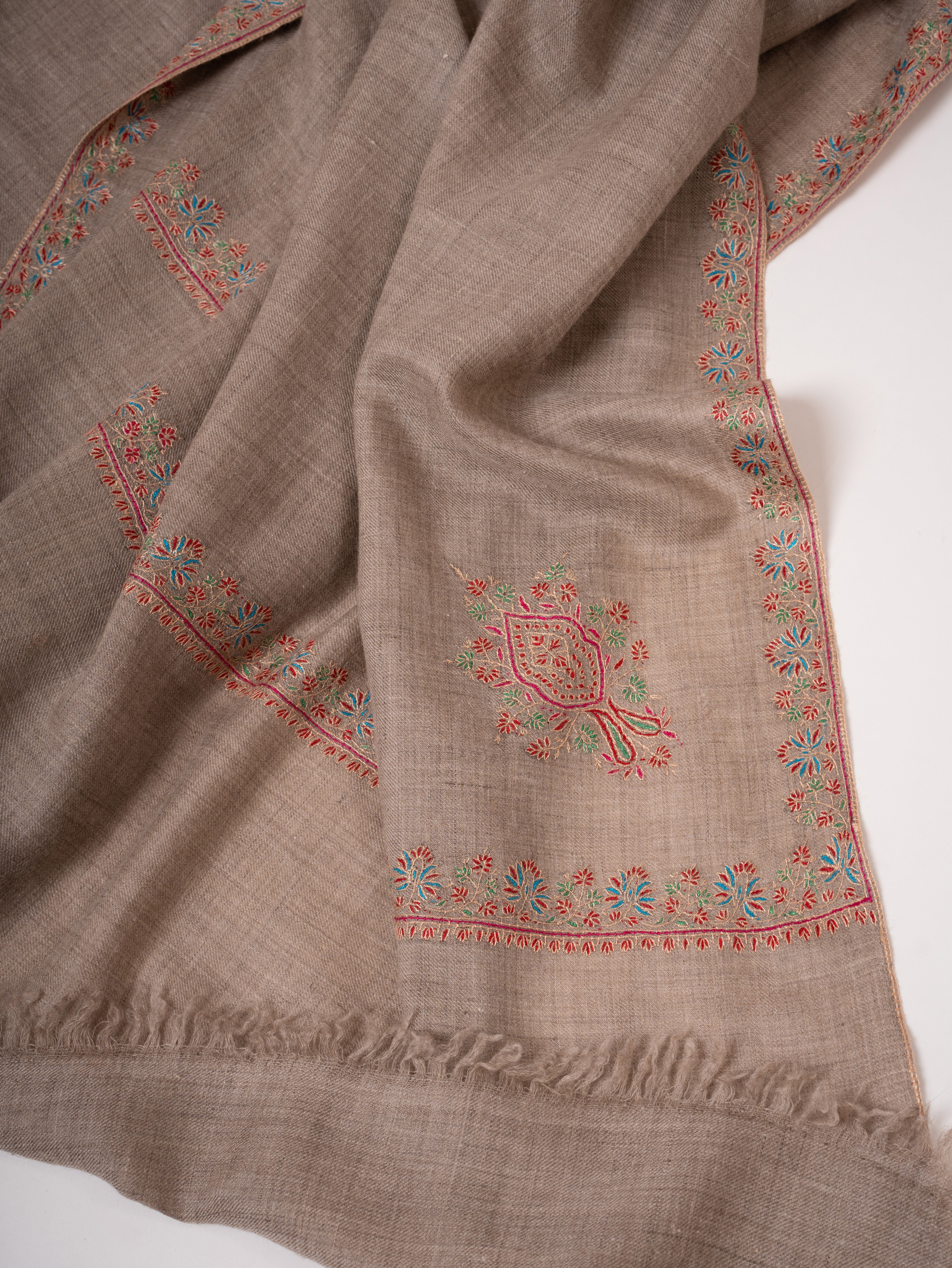 Natural Beige Kashmiri Pashmina Shawl Hashia Embroidery Shahkaar