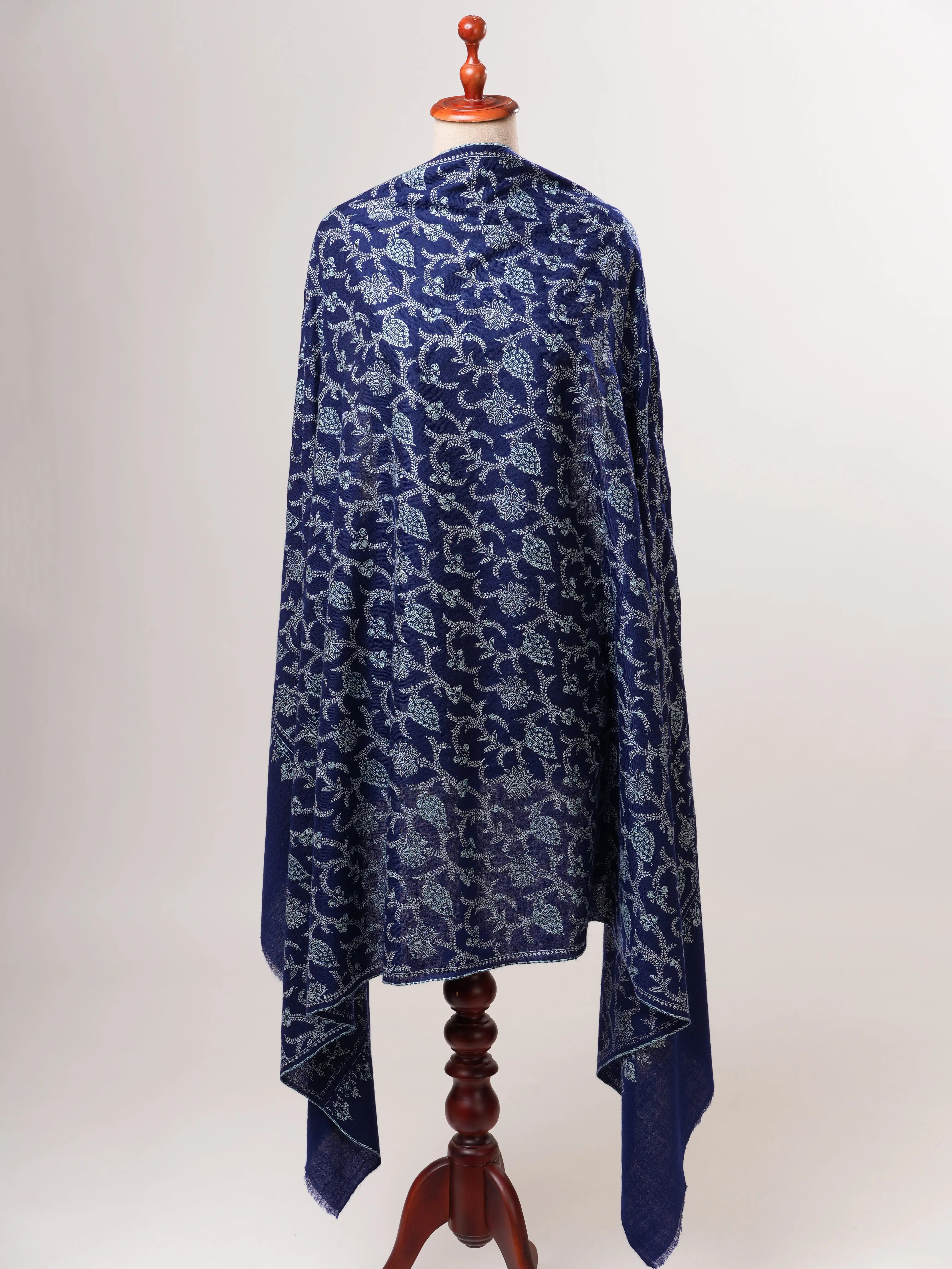 Blue Pashmina Shawl with Sozni Embroidered Jali Shahkaar