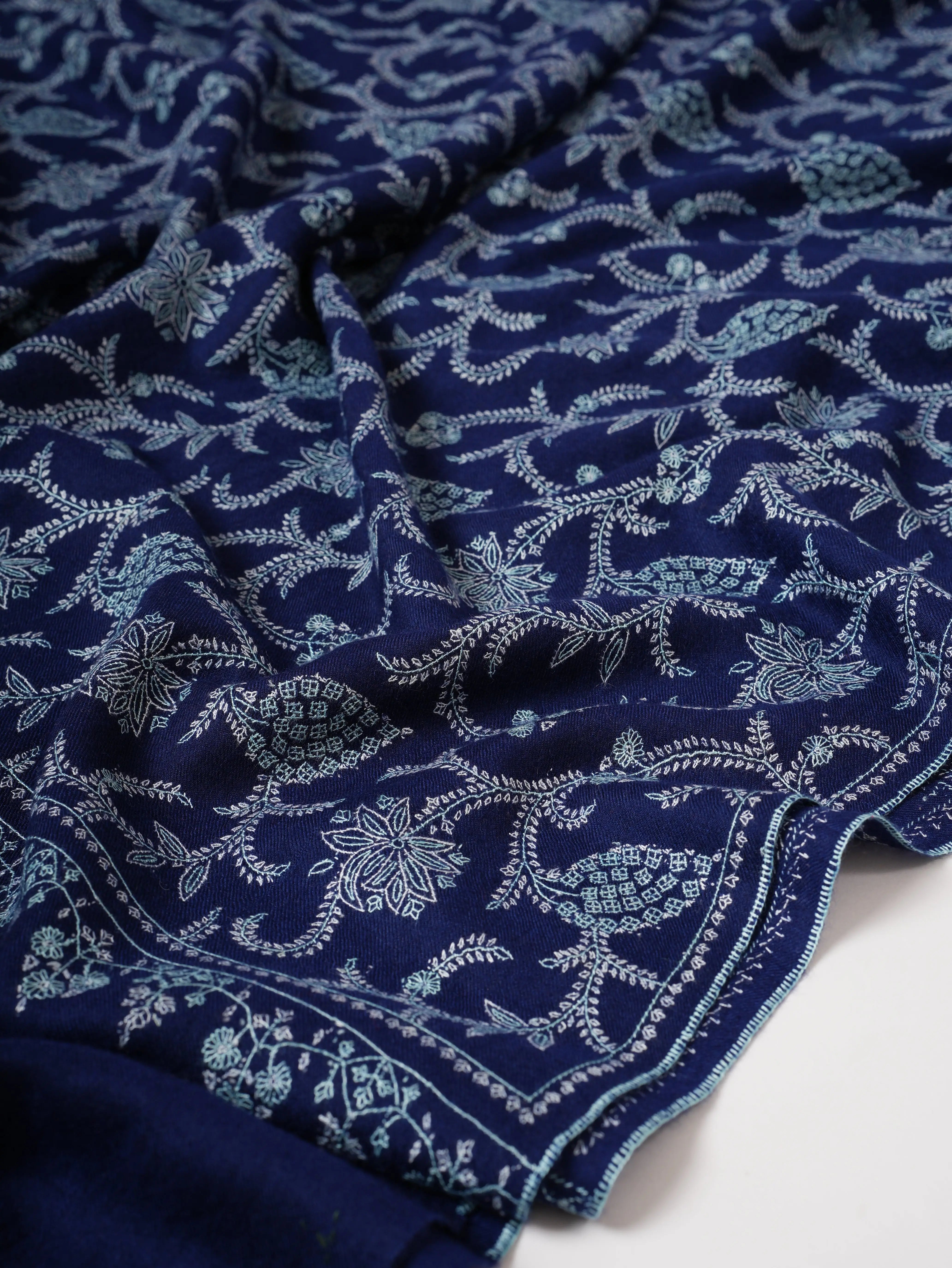 Blue Pashmina Shawl with Sozni Embroidered Jali Shahkaar