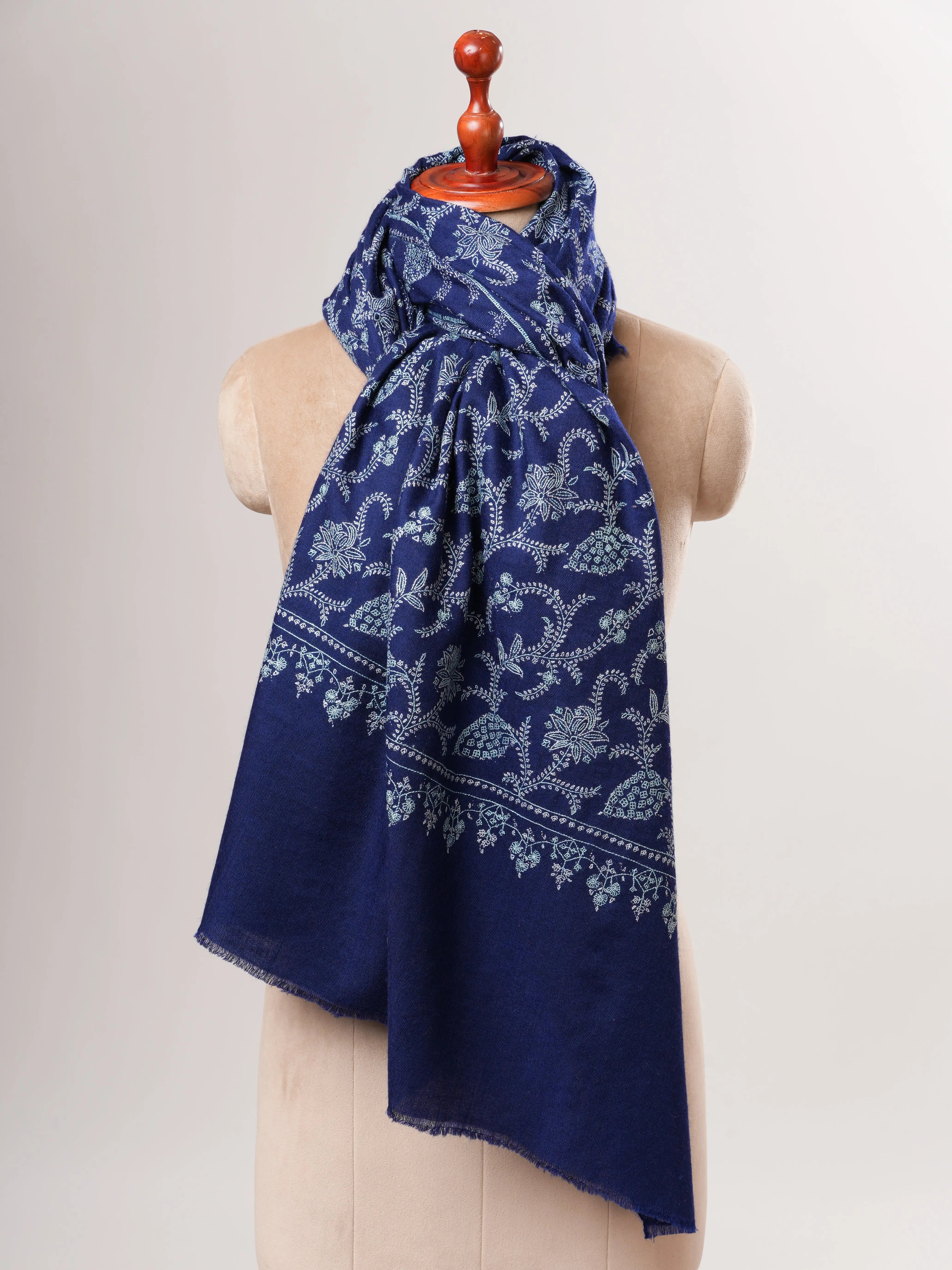 Blue Pashmina Shawl with Sozni Embroidered Jali Shahkaar