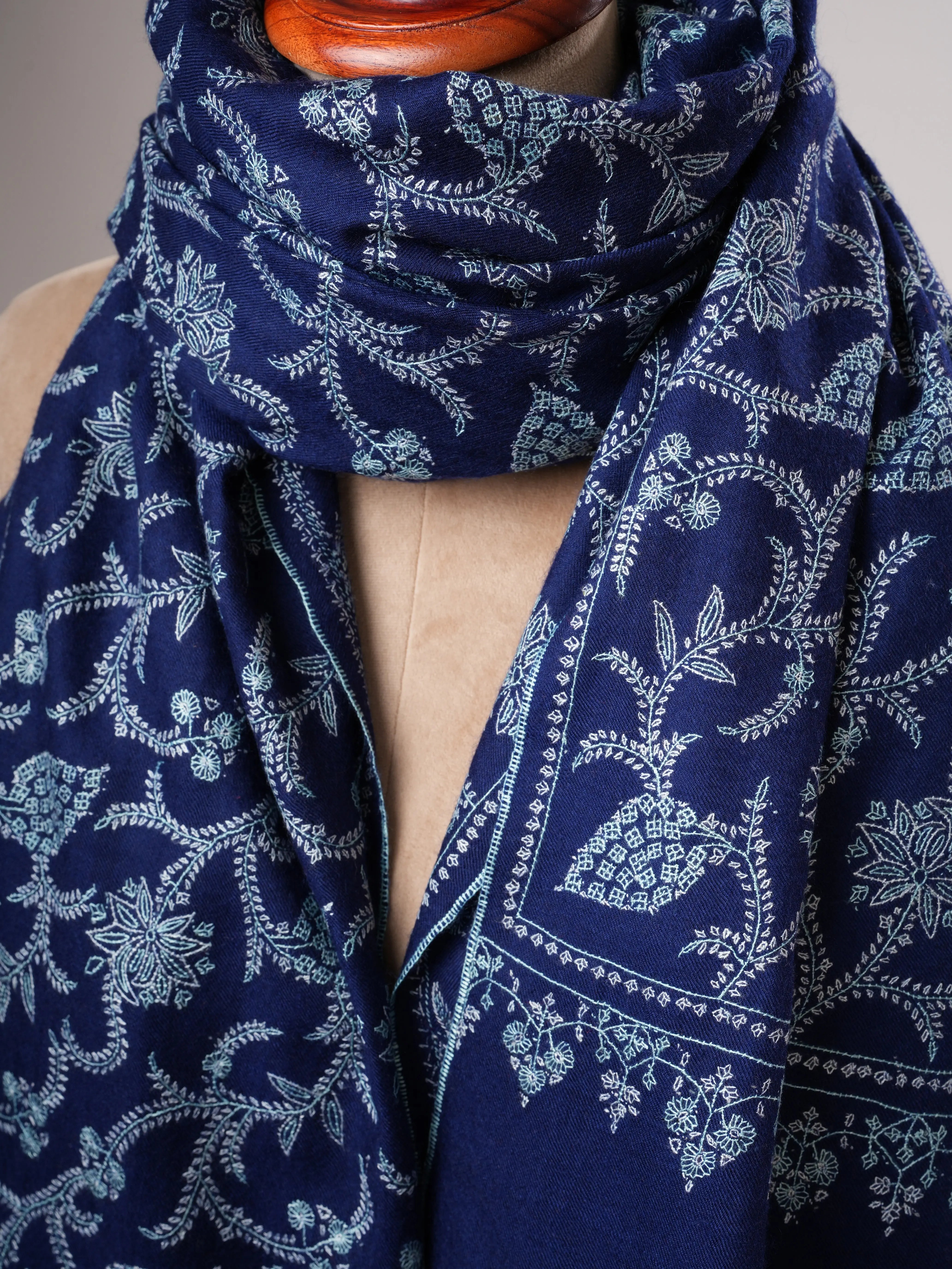 Blue Pashmina Shawl with Sozni Embroidered Jali Shahkaar