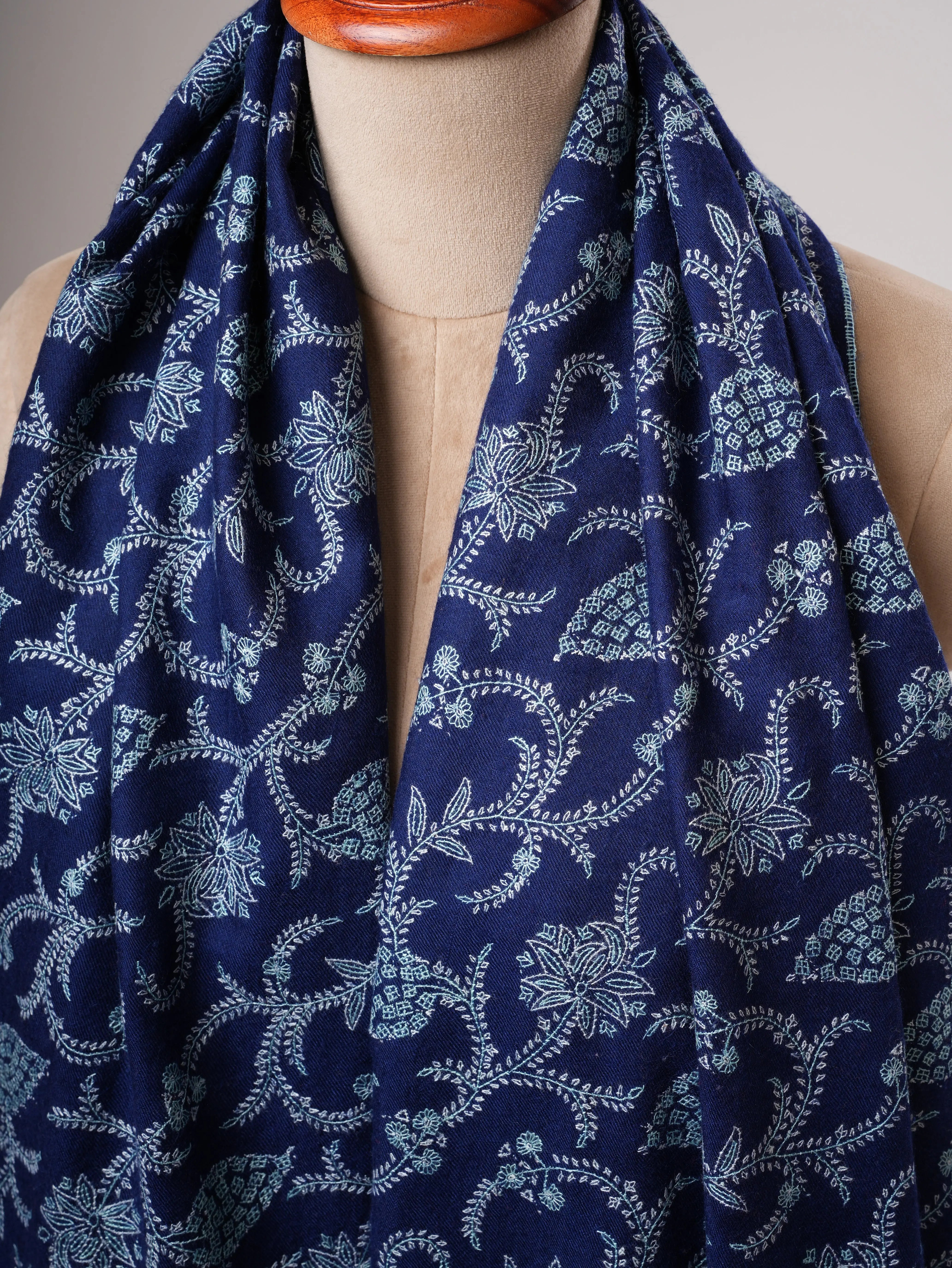Blue Pashmina Shawl with Sozni Embroidered Jali Shahkaar