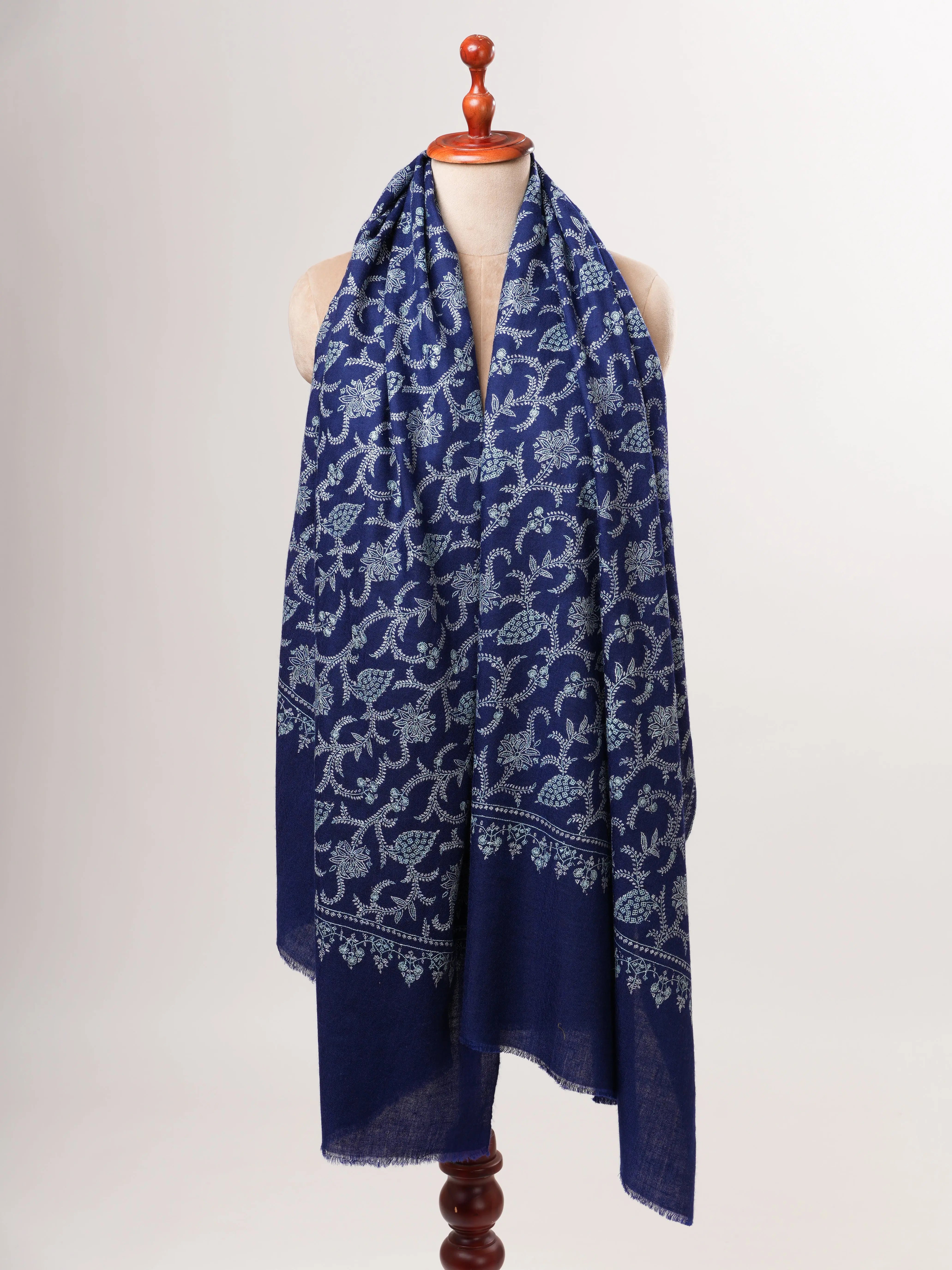 Blue Pashmina Shawl with Sozni Embroidered Jali Shahkaar