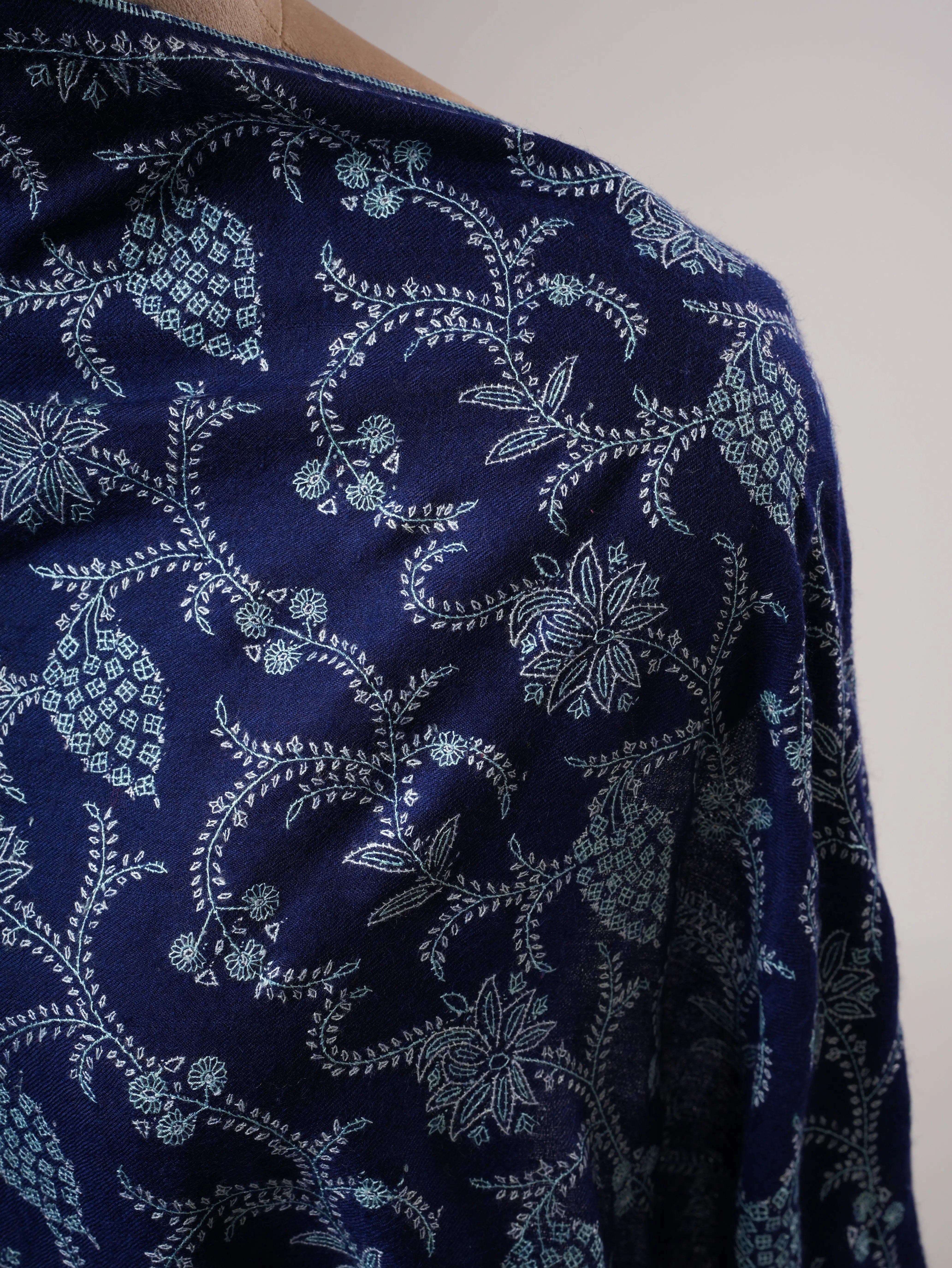 Blue Pashmina Shawl with Sozni Embroidered Jali Shahkaar