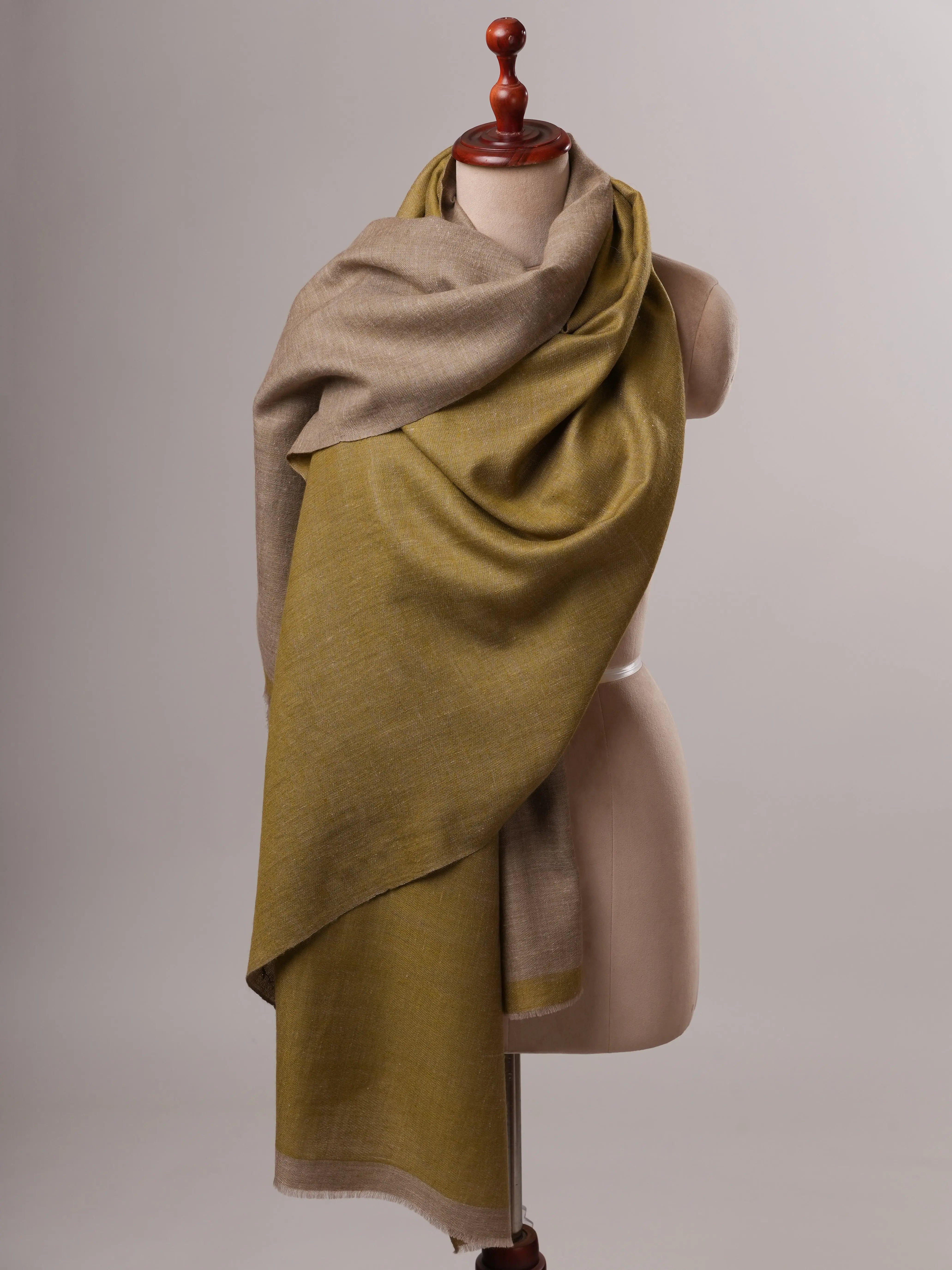 Handwoven Dual Tone Pashmina Shawl in Olive Natural Grey Shahkaar