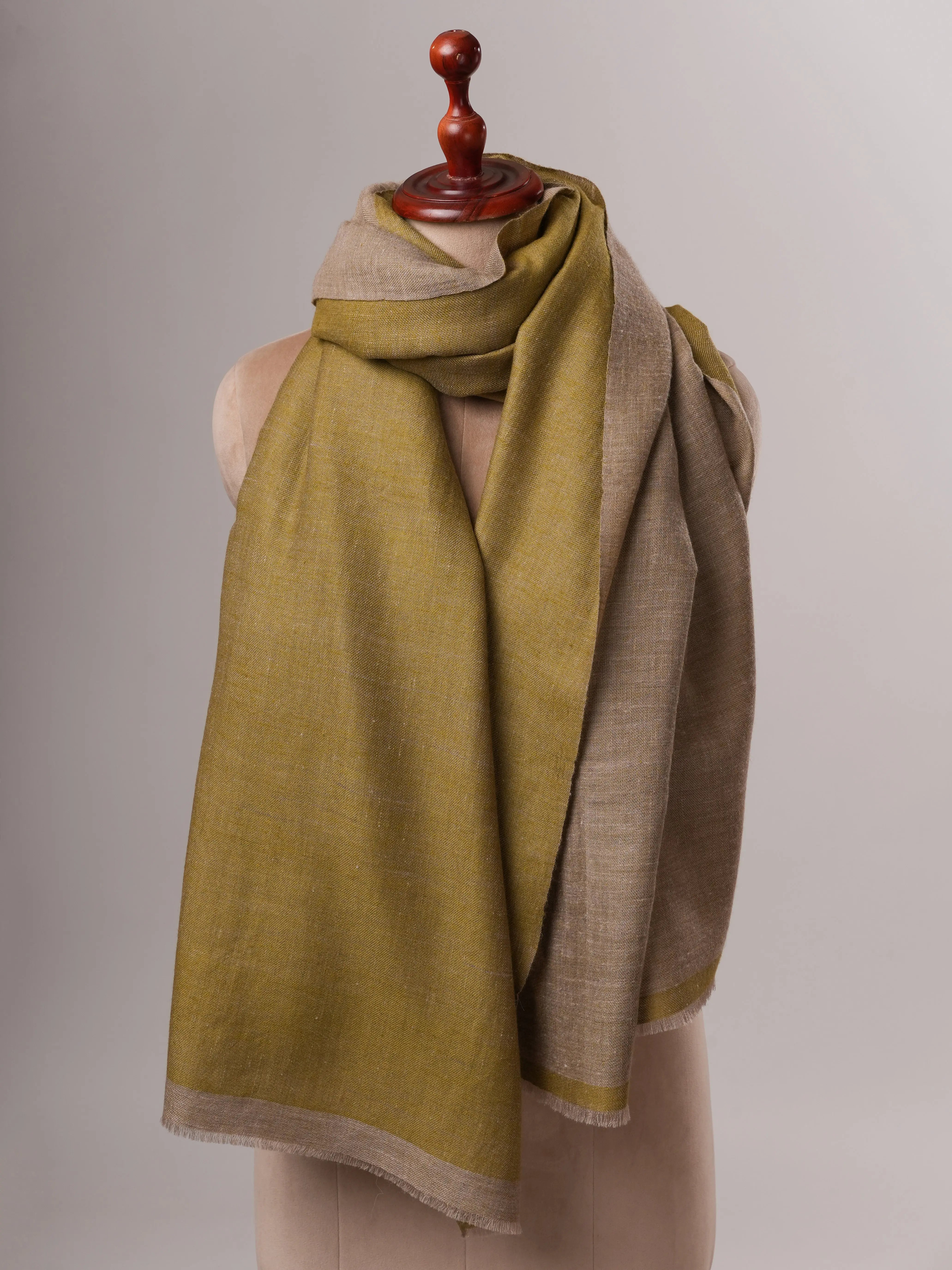 Handwoven Dual Tone Pashmina Shawl in Olive Natural Grey Shahkaar
