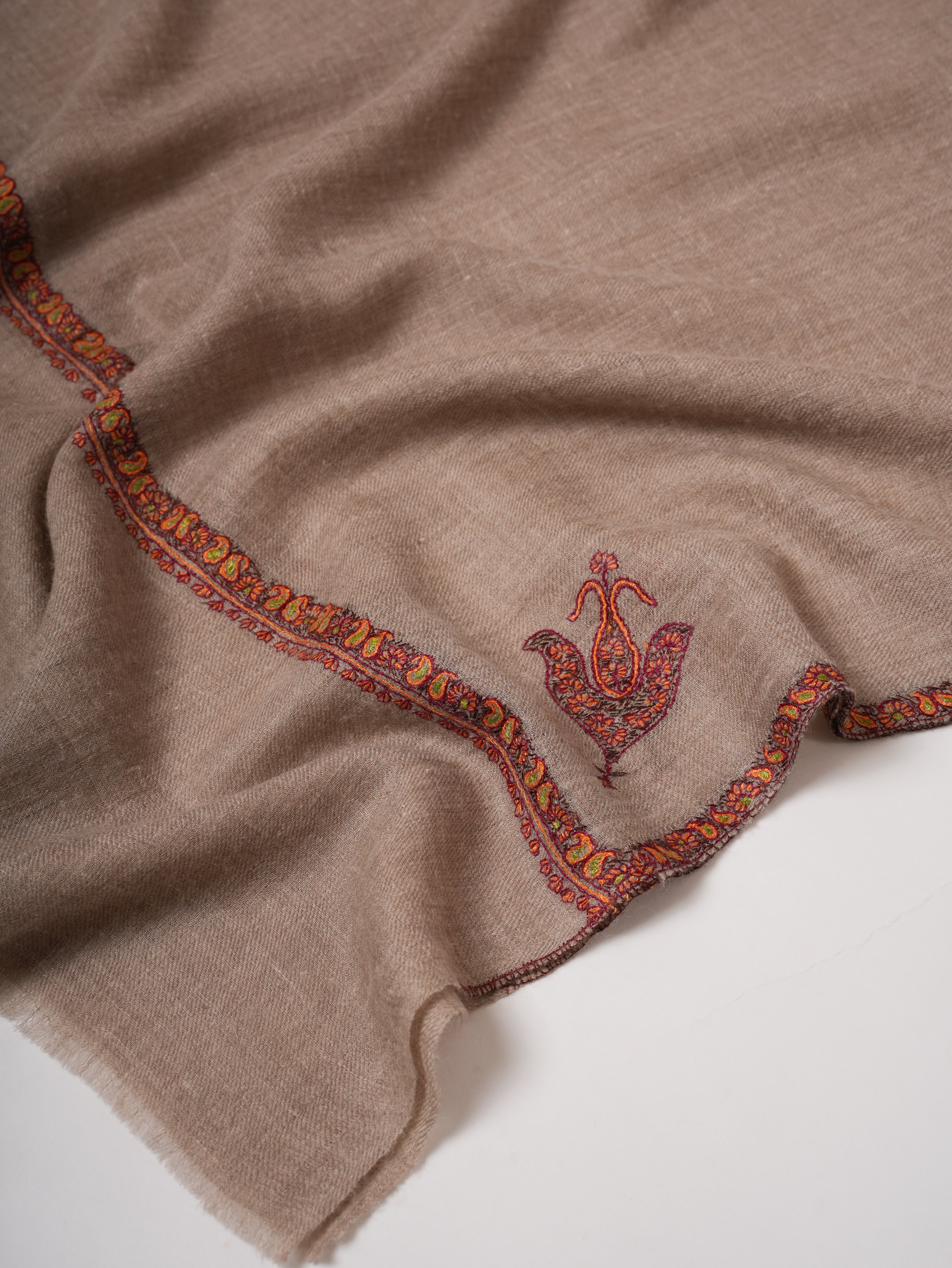 Bail Embroidered Soft Featherlight Cashmere Scarf in Natural Grey Shahkaar