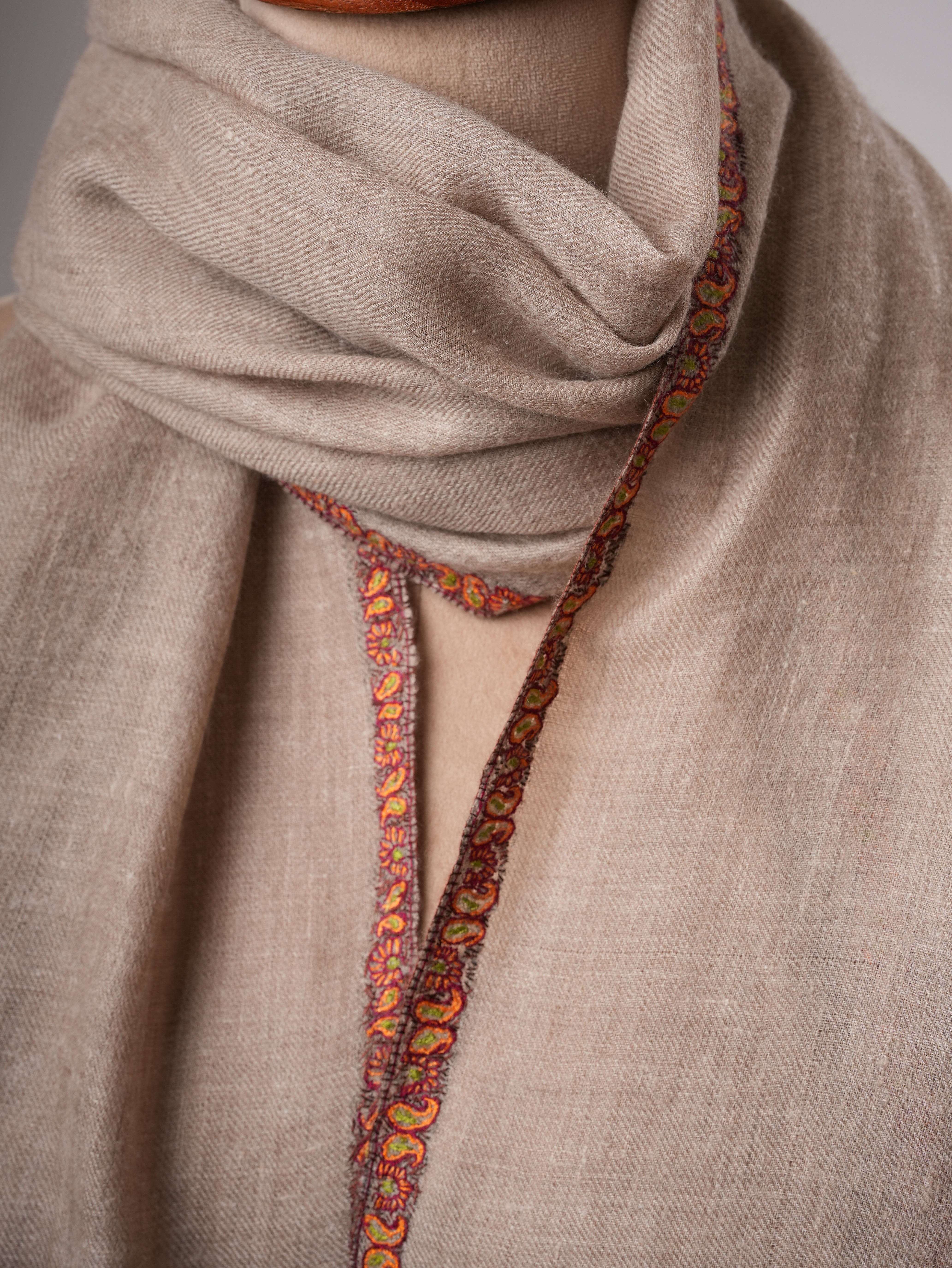 Bail Embroidered Soft Featherlight Cashmere Scarf in Natural Grey Shahkaar