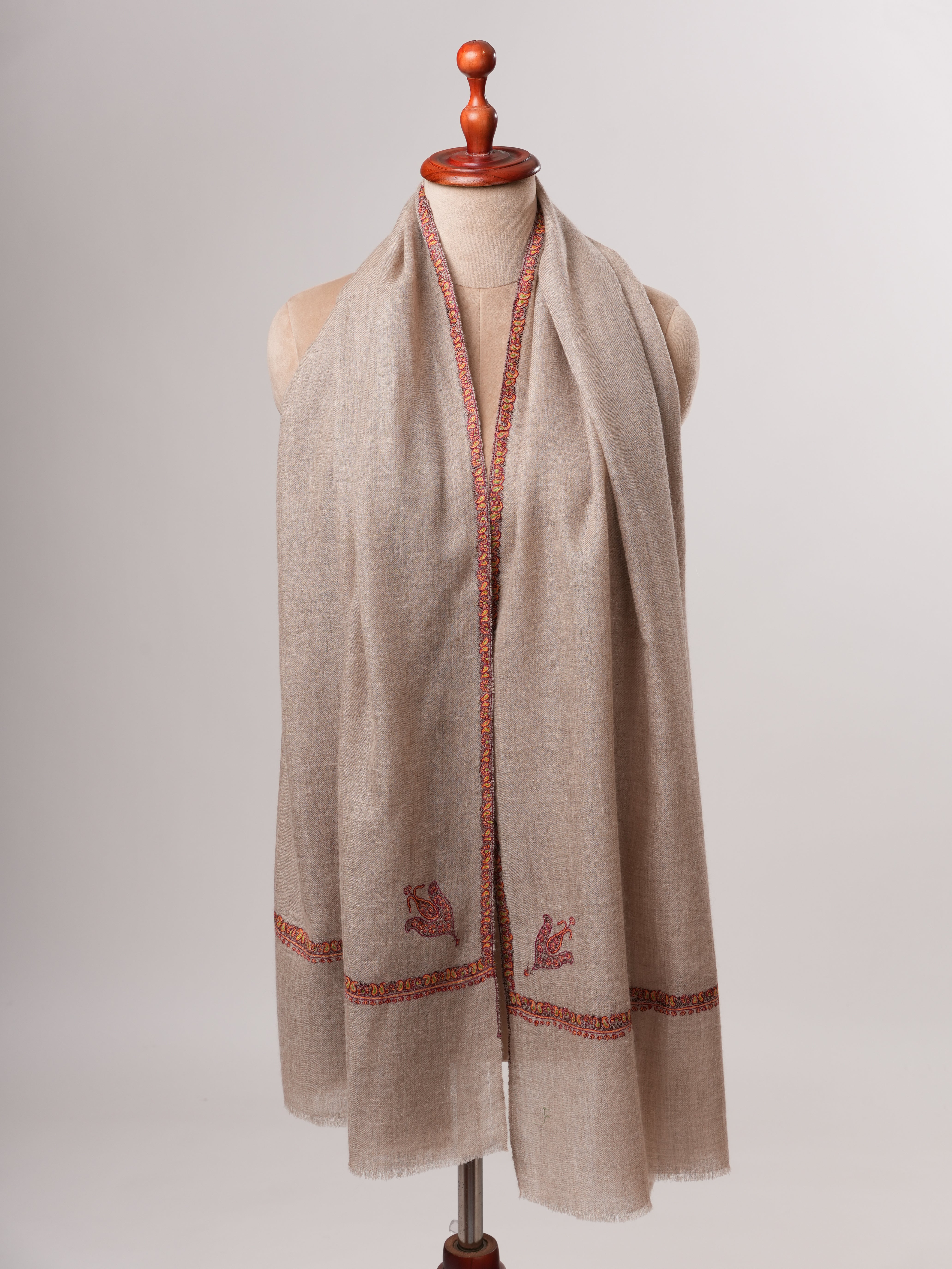 Bail Embroidered Soft Featherlight Cashmere Scarf in Natural Grey Shahkaar
