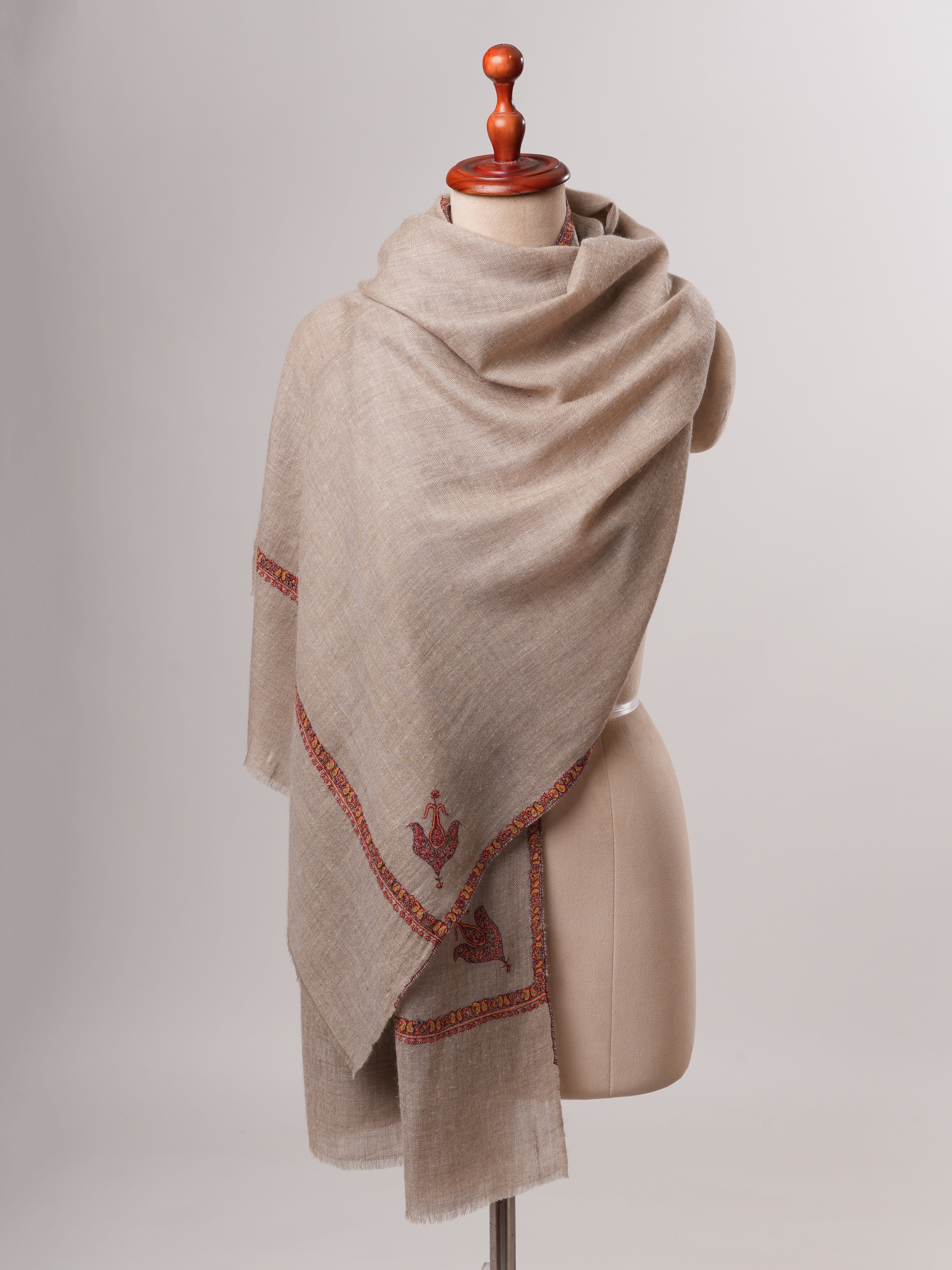 Bail Embroidered Soft Featherlight Cashmere Scarf in Natural Grey Shahkaar