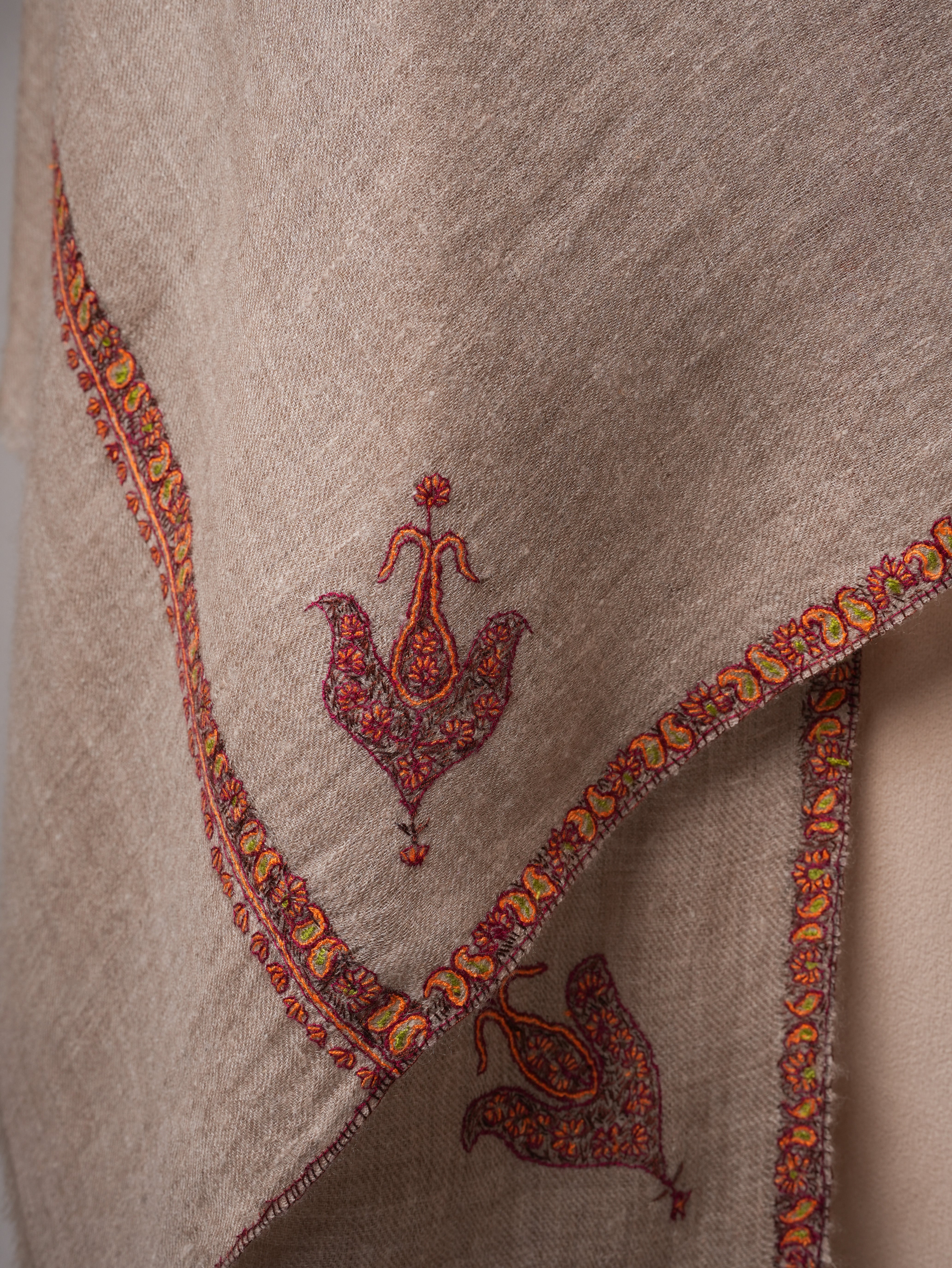 Bail Embroidered Soft Featherlight Cashmere Scarf in Natural Grey Shahkaar