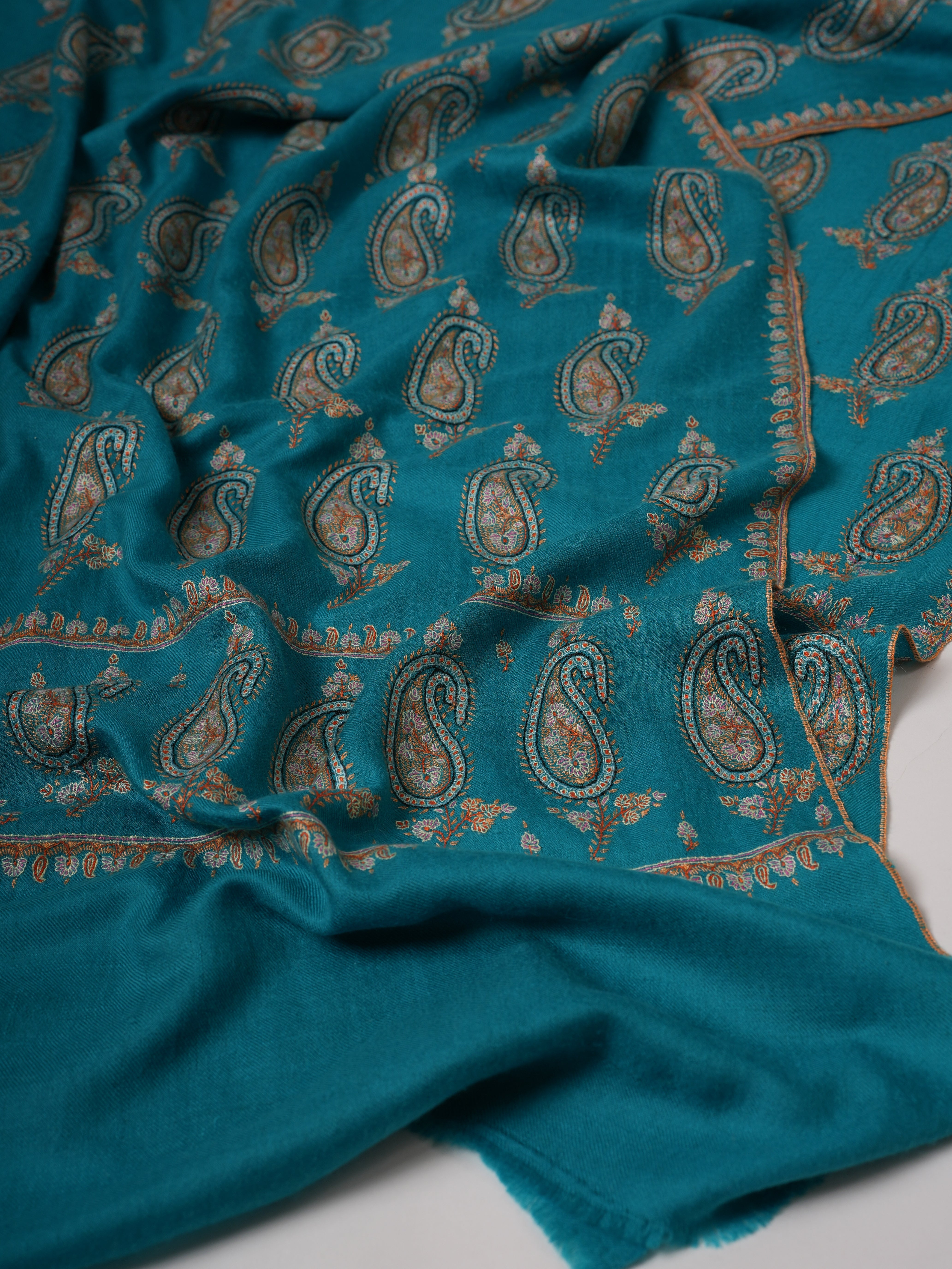 Turquoise Kashmiri Pashmina Shawl with Paisley Hand Embroidery Shahkaar