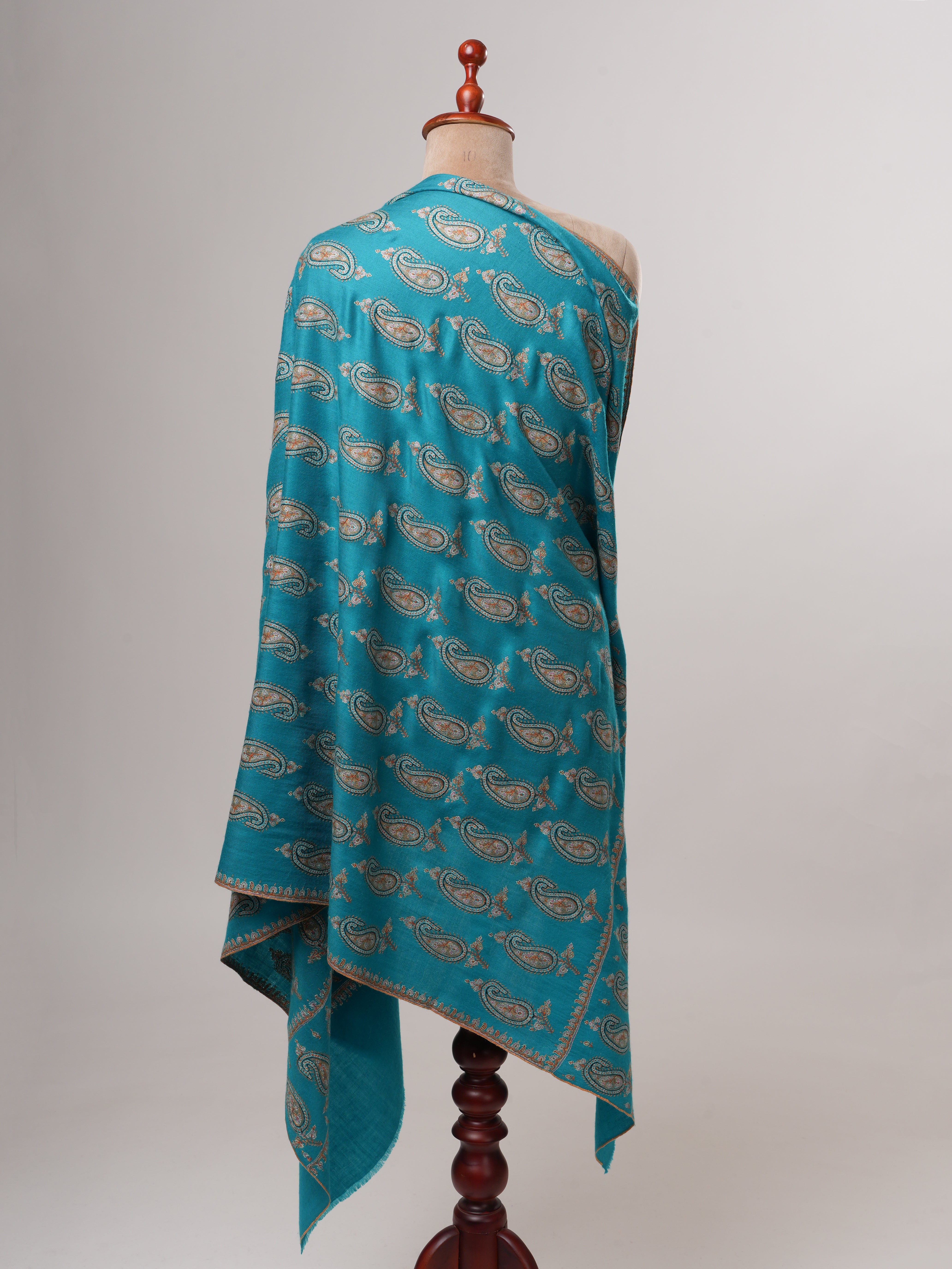 Turquoise Kashmiri Pashmina Shawl with Paisley Hand Embroidery Shahkaar