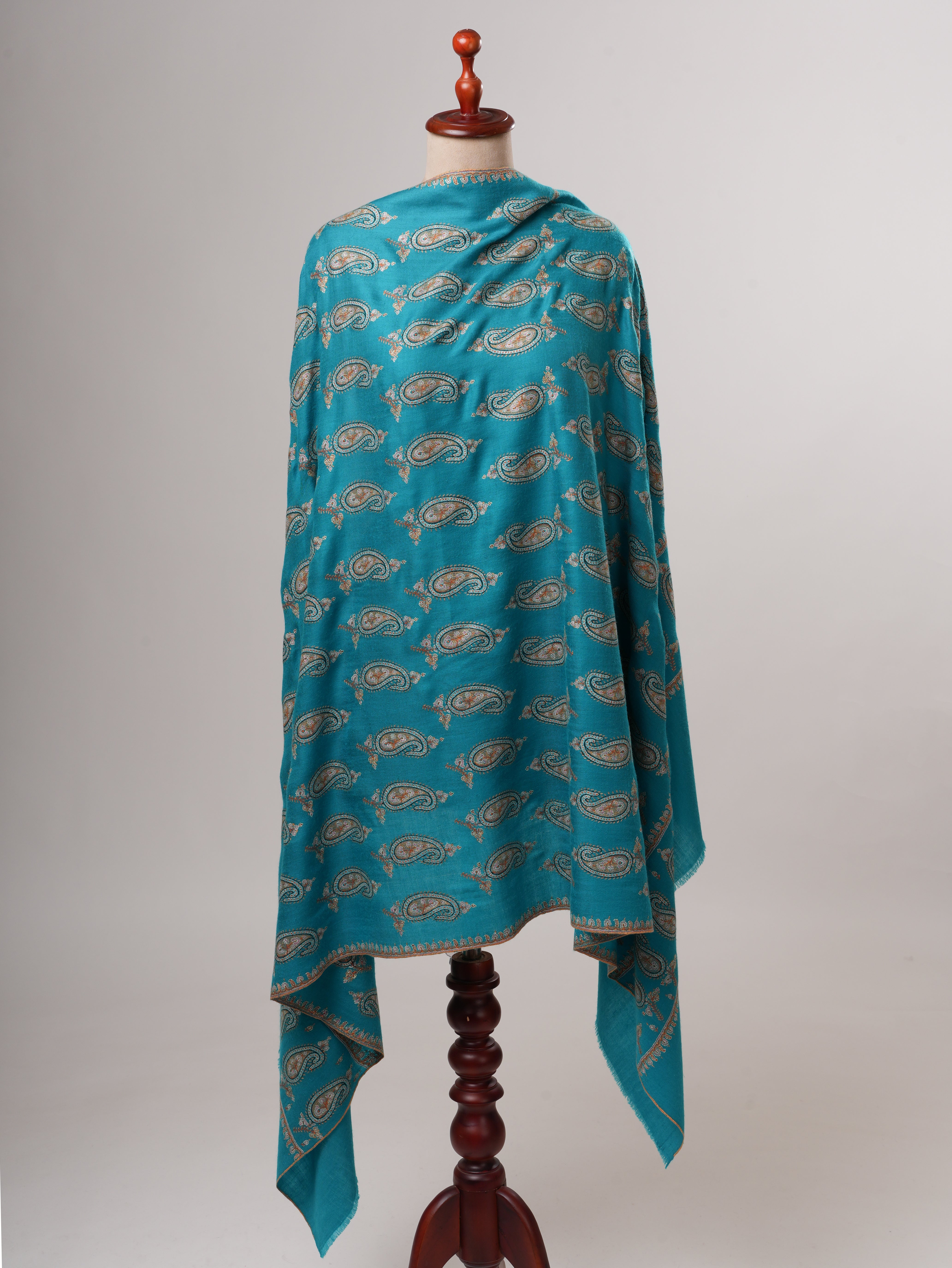 Turquoise Kashmiri Pashmina Shawl with Paisley Hand Embroidery Shahkaar