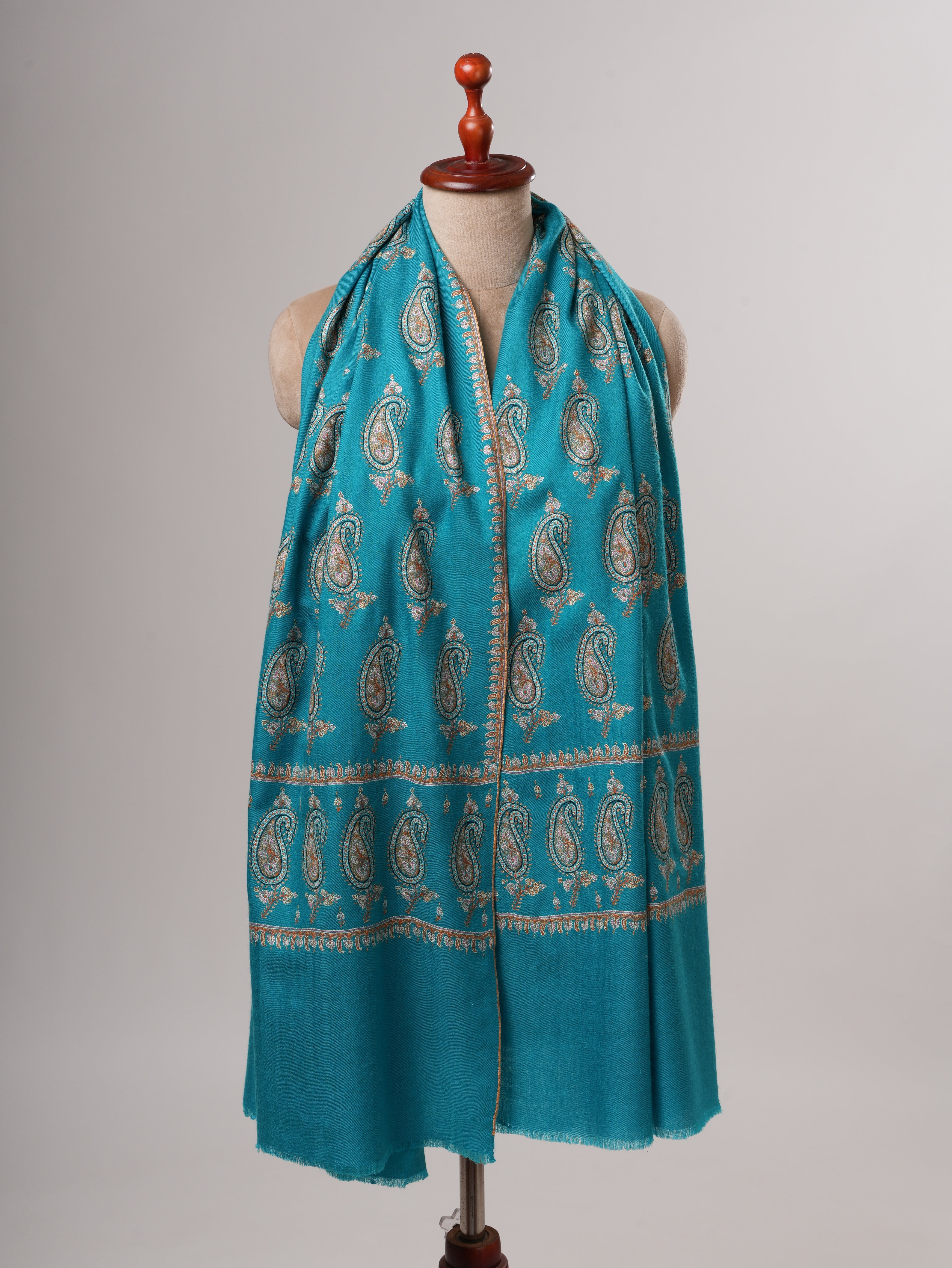 Turquoise Kashmiri Pashmina Shawl with Paisley Hand Embroidery Shahkaar
