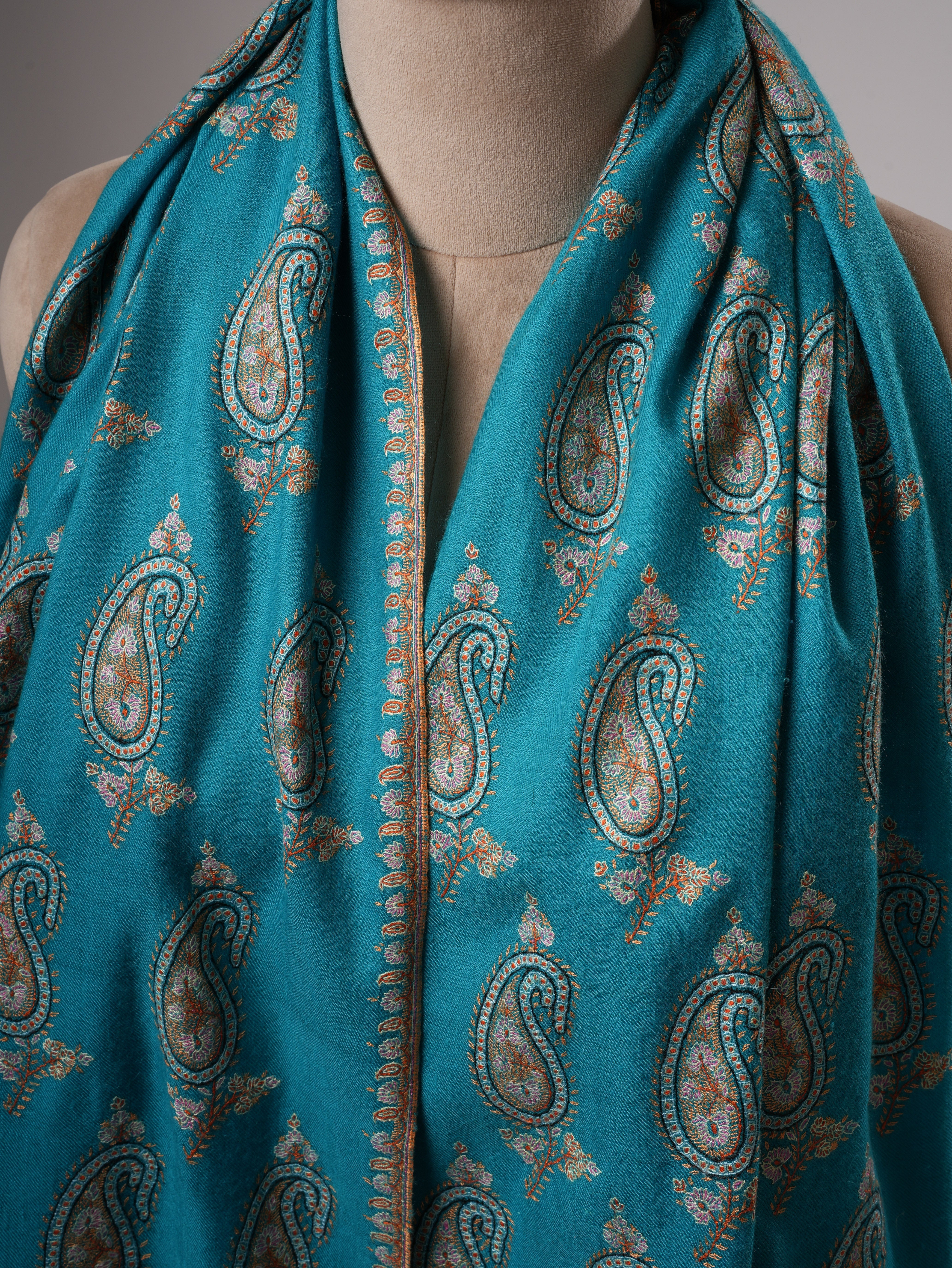 Turquoise Kashmiri Pashmina Shawl with Paisley Hand Embroidery Shahkaar