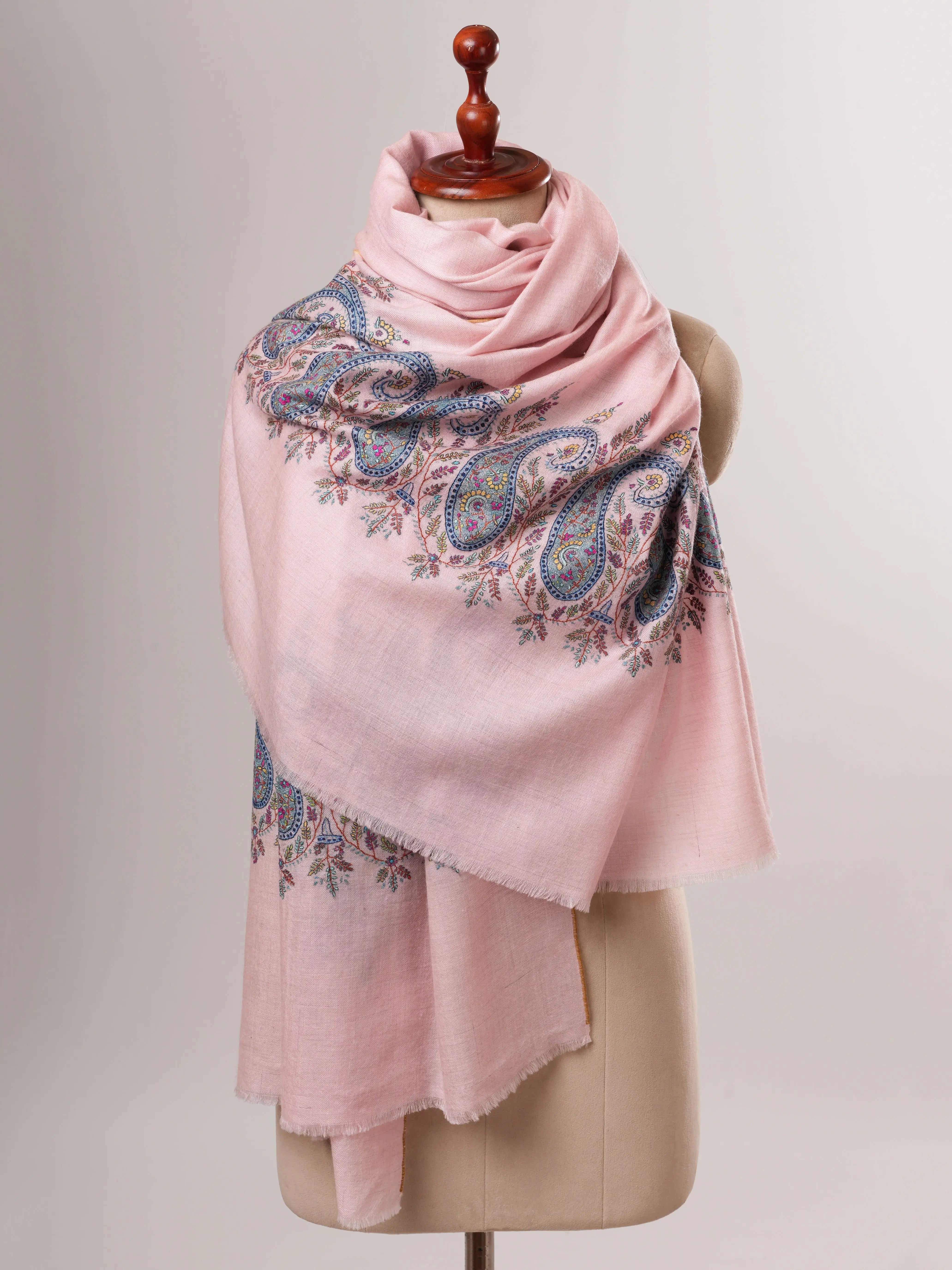 Pink Pashmina Shawl – Hand-Embroidered Paisley Palla Design Shahkaar