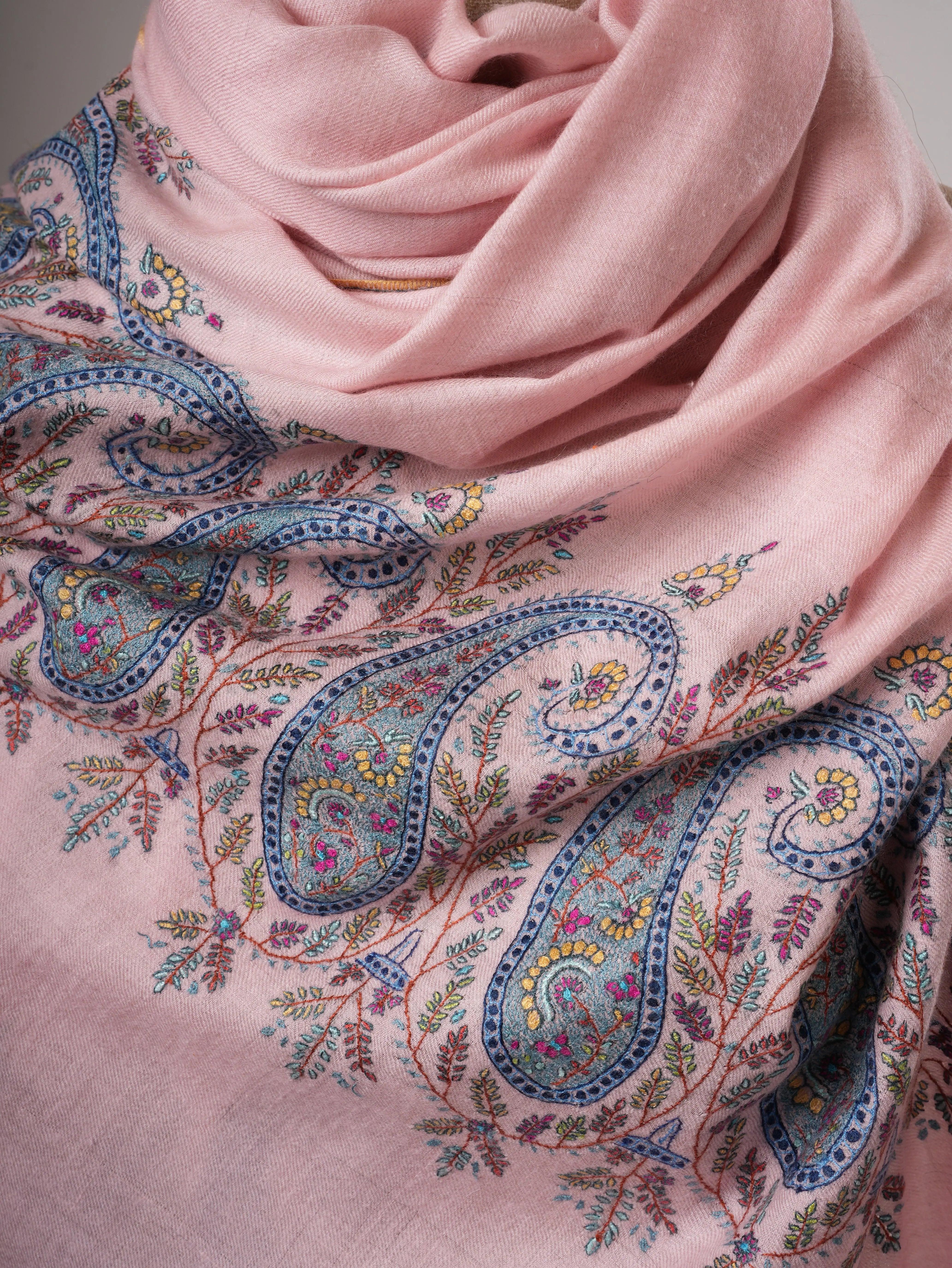 Pink Pashmina Shawl – Hand-Embroidered Paisley Palla Design Shahkaar