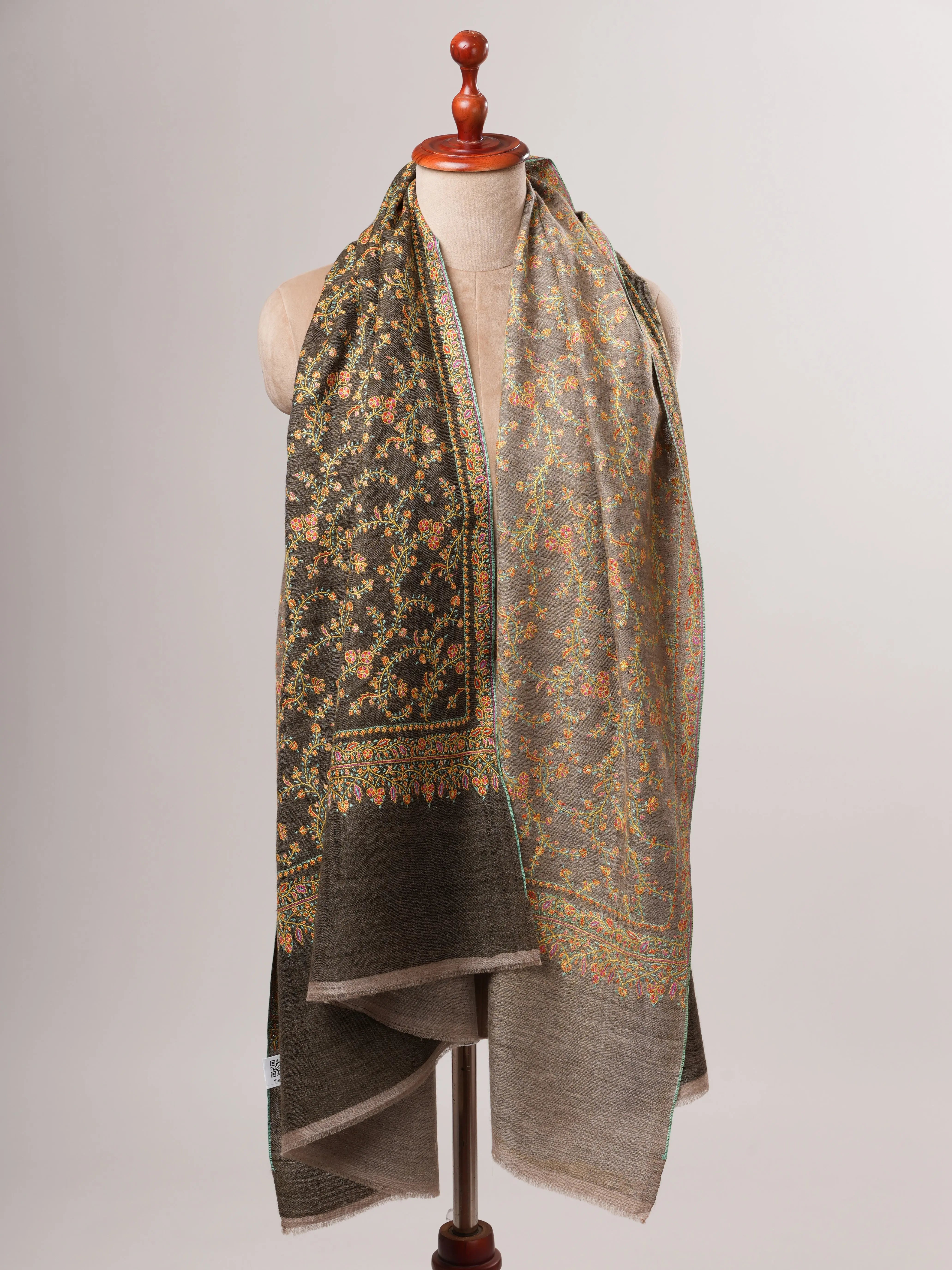 Natural Grey and Olive Dual Tone Pashmina Shawl with Fine Embroidery Shahkaar