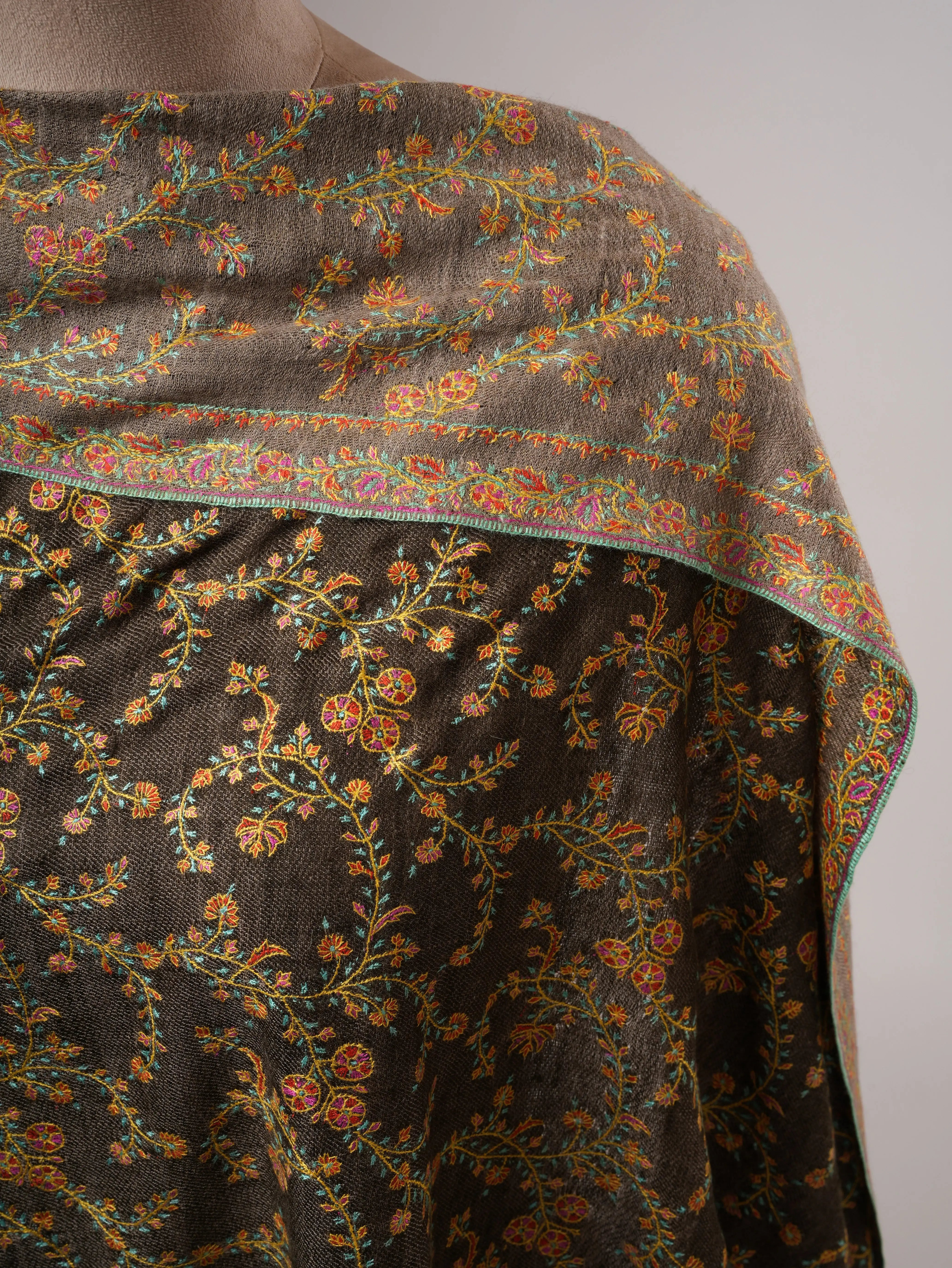 Natural Grey and Olive Dual Tone Pashmina Shawl with Fine Embroidery Shahkaar