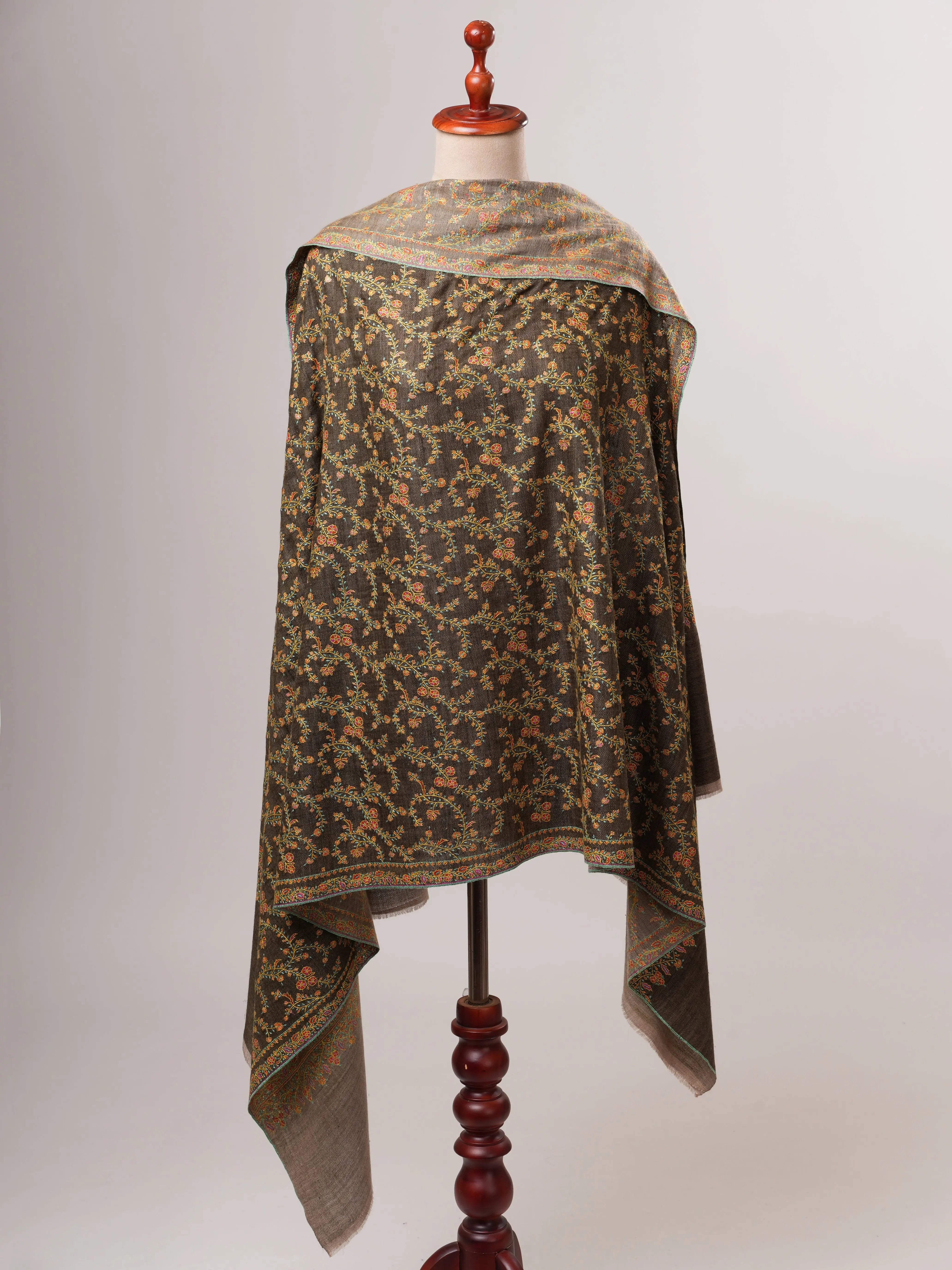 Natural Grey and Olive Dual Tone Pashmina Shawl with Fine Embroidery Shahkaar