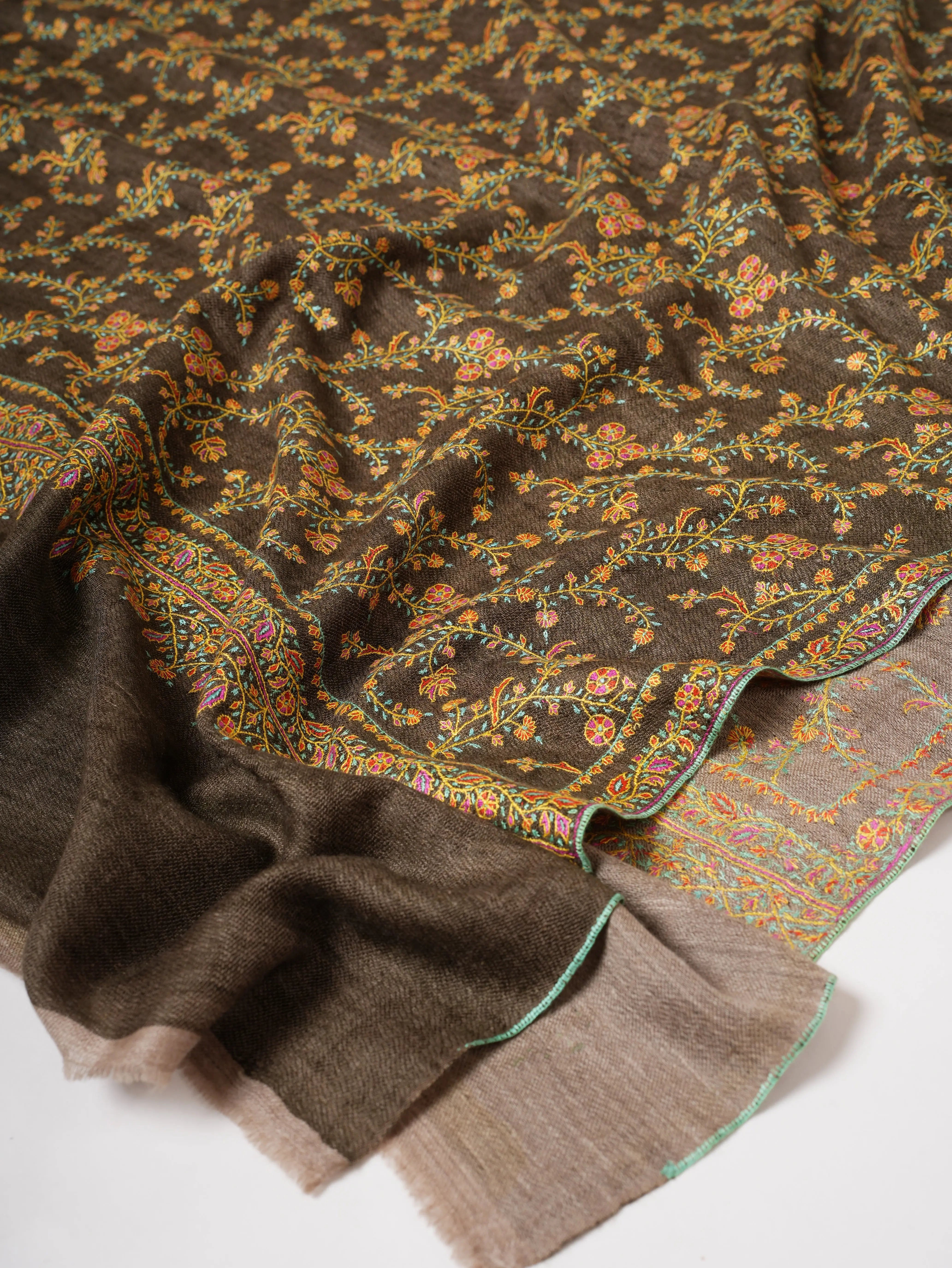 Natural Grey and Olive Dual Tone Pashmina Shawl with Fine Embroidery Shahkaar