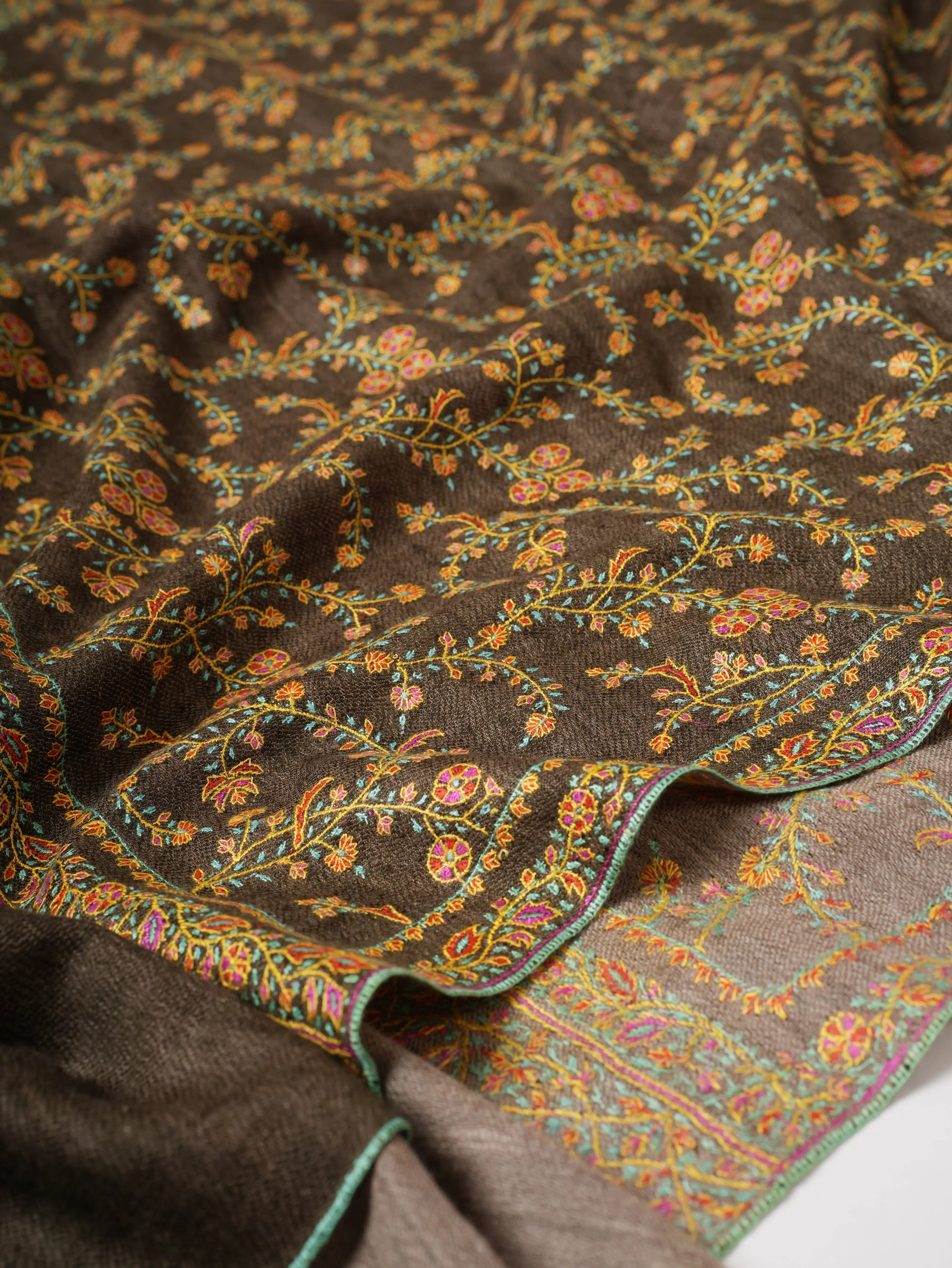 Natural Grey and Olive Dual Tone Pashmina Shawl with Fine Embroidery Shahkaar