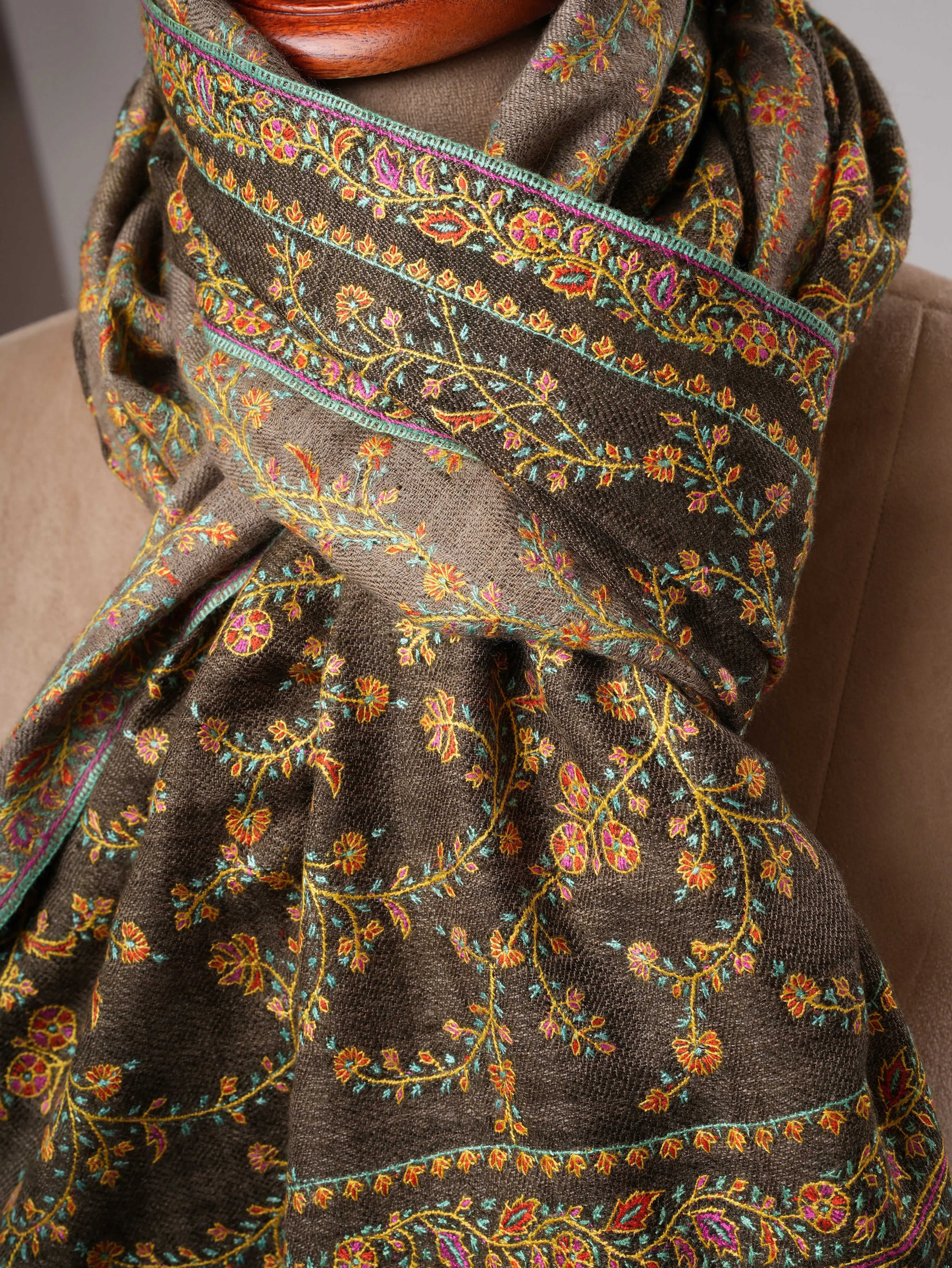 Natural Grey and Olive Dual Tone Pashmina Shawl with Fine Embroidery Shahkaar