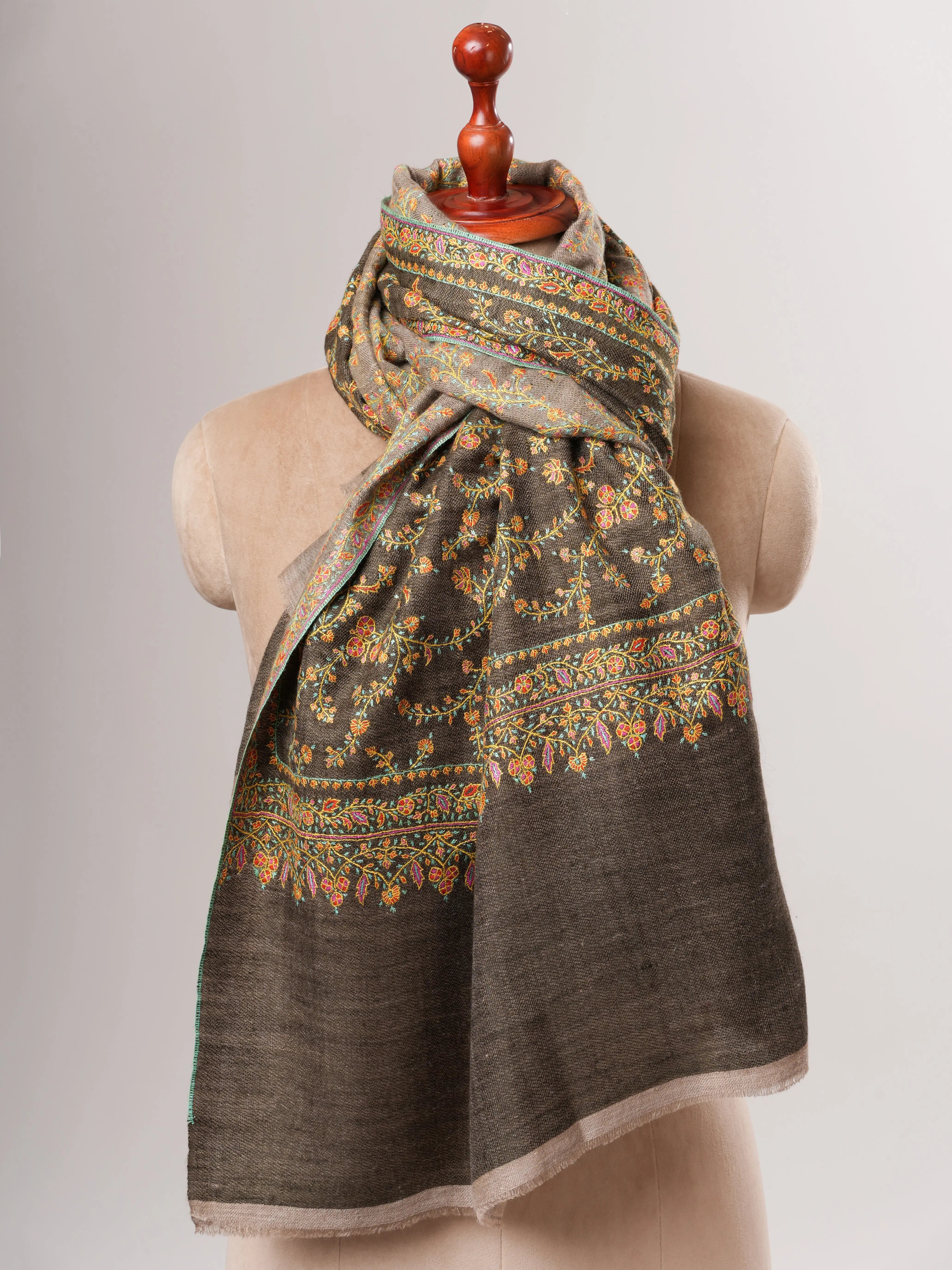 Natural Grey and Olive Dual Tone Pashmina Shawl with Fine Embroidery Shahkaar