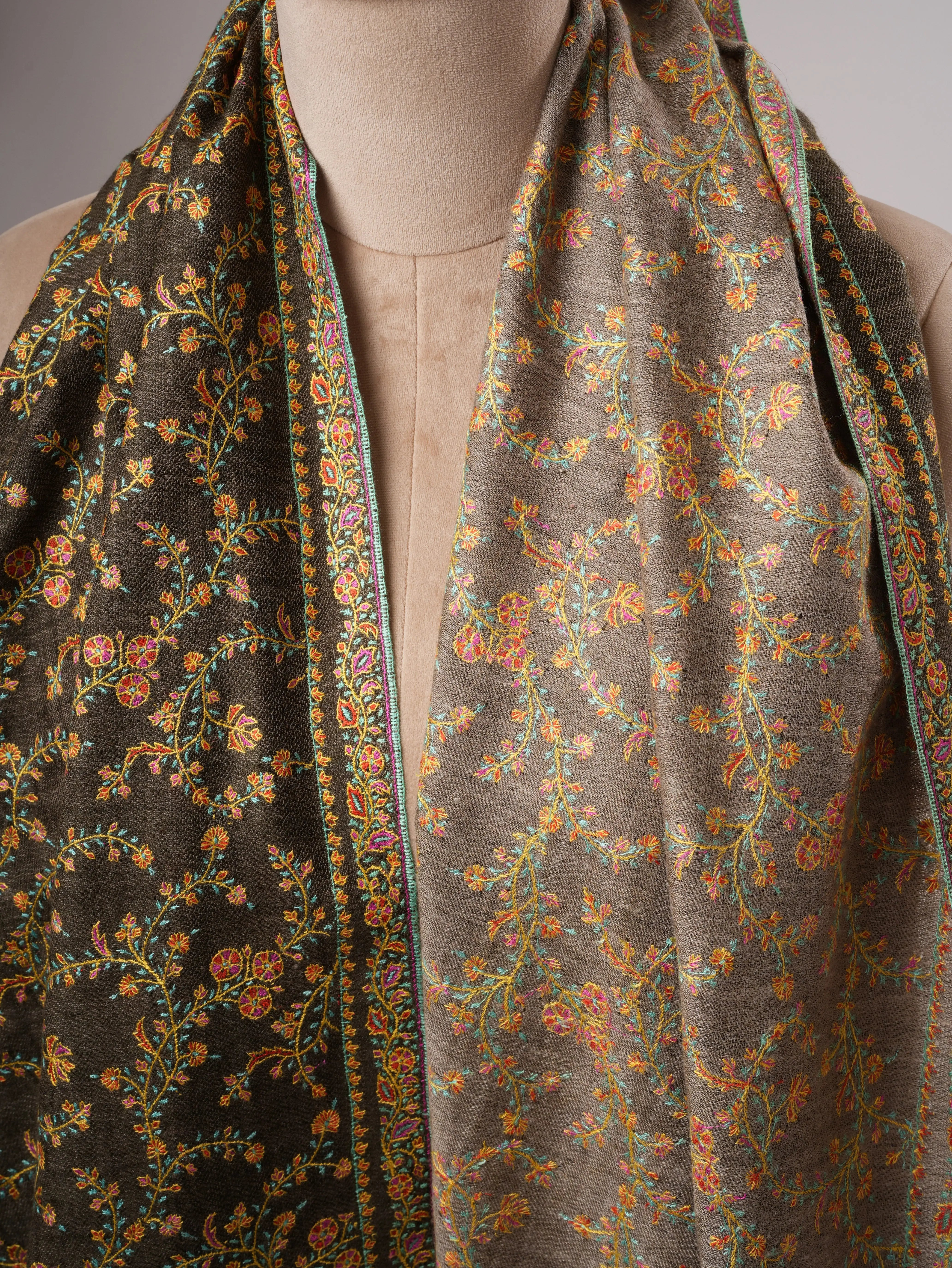 Natural Grey and Olive Dual Tone Pashmina Shawl with Fine Embroidery Shahkaar