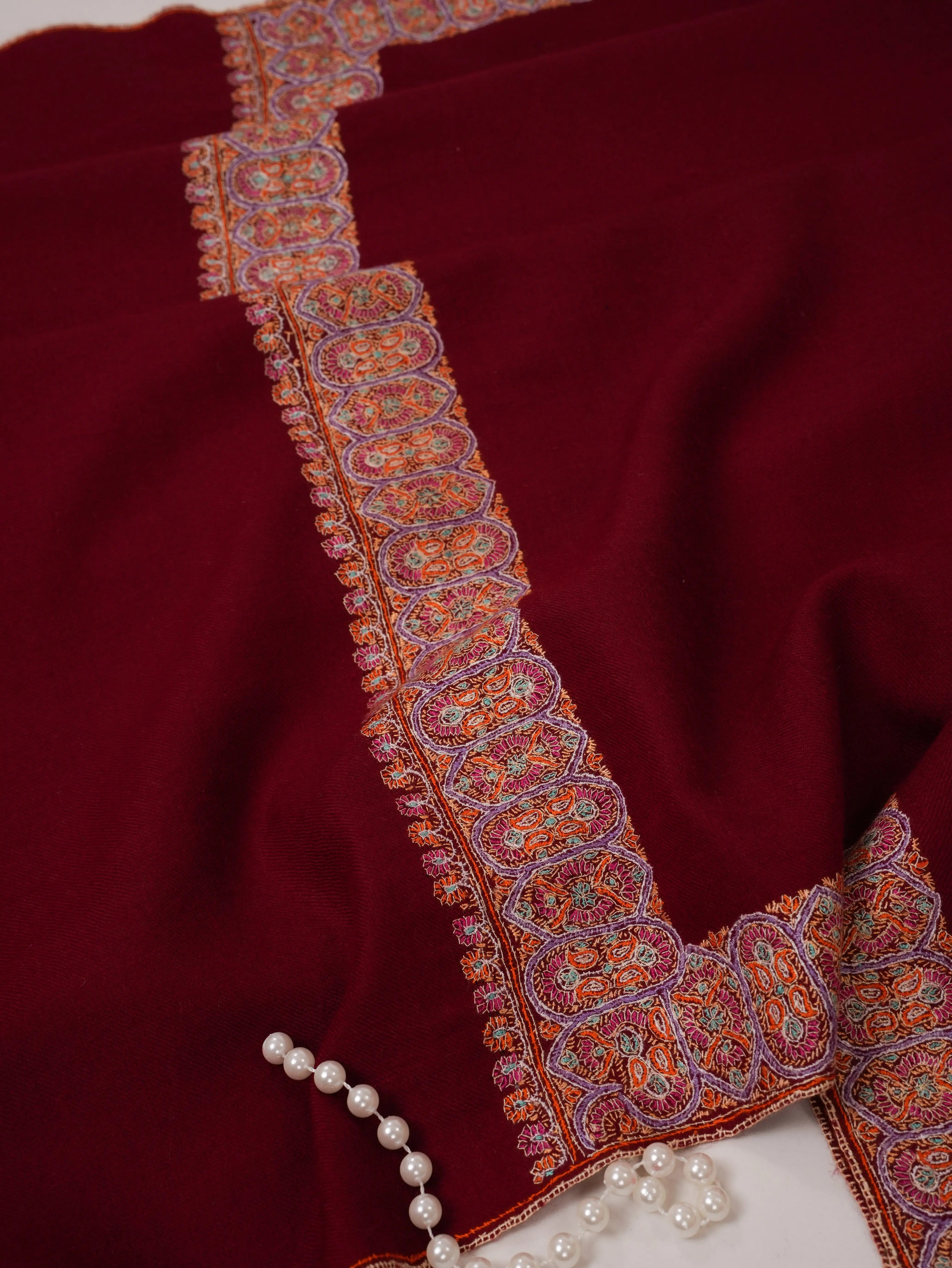Maroon Neemdaur Hand Embroidered Pure Pashmina Shawl Shahkaar.com