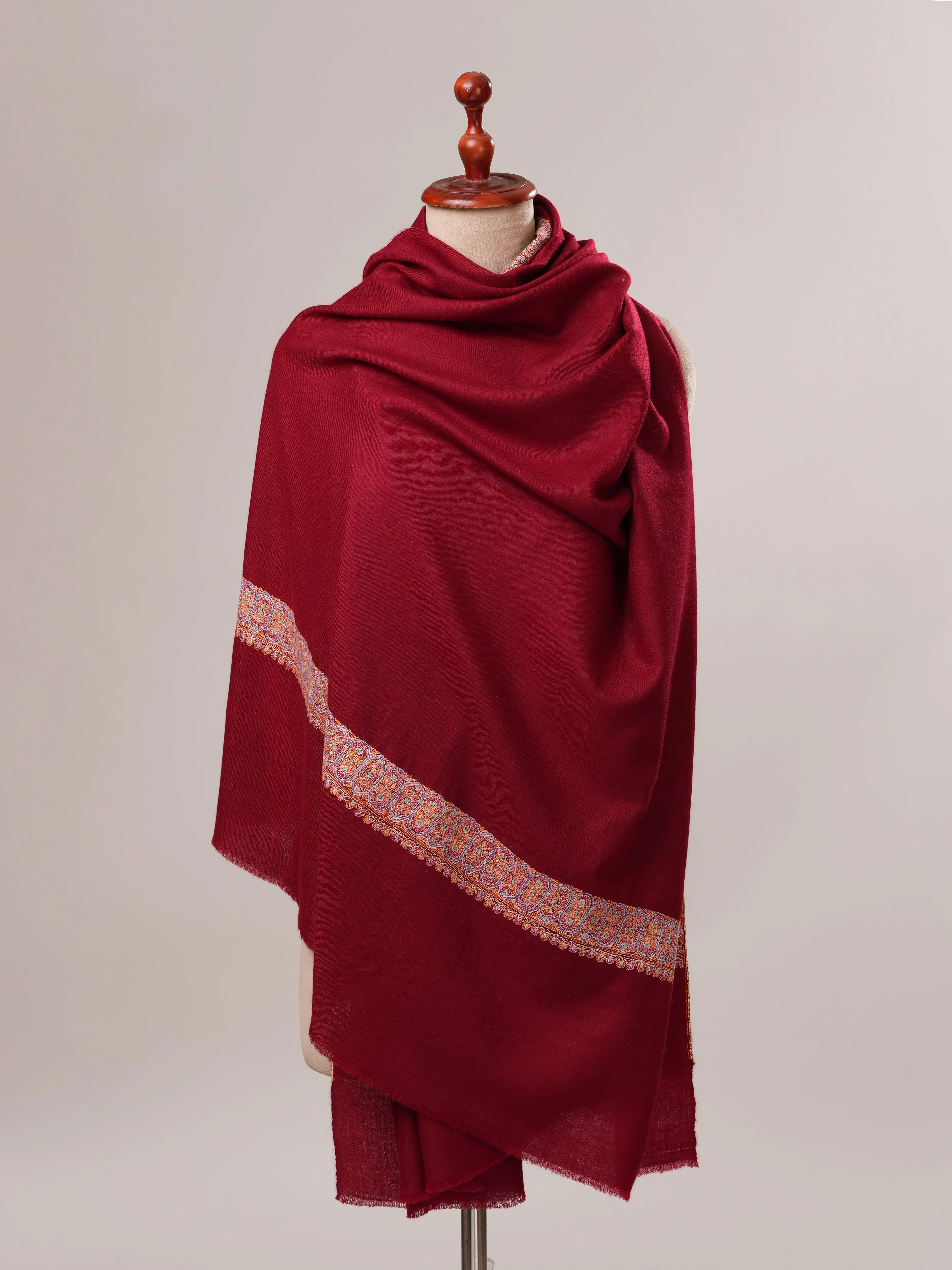 Maroon Neemdaur Hand Embroidered Pure Pashmina Shawl Shahkaar.com