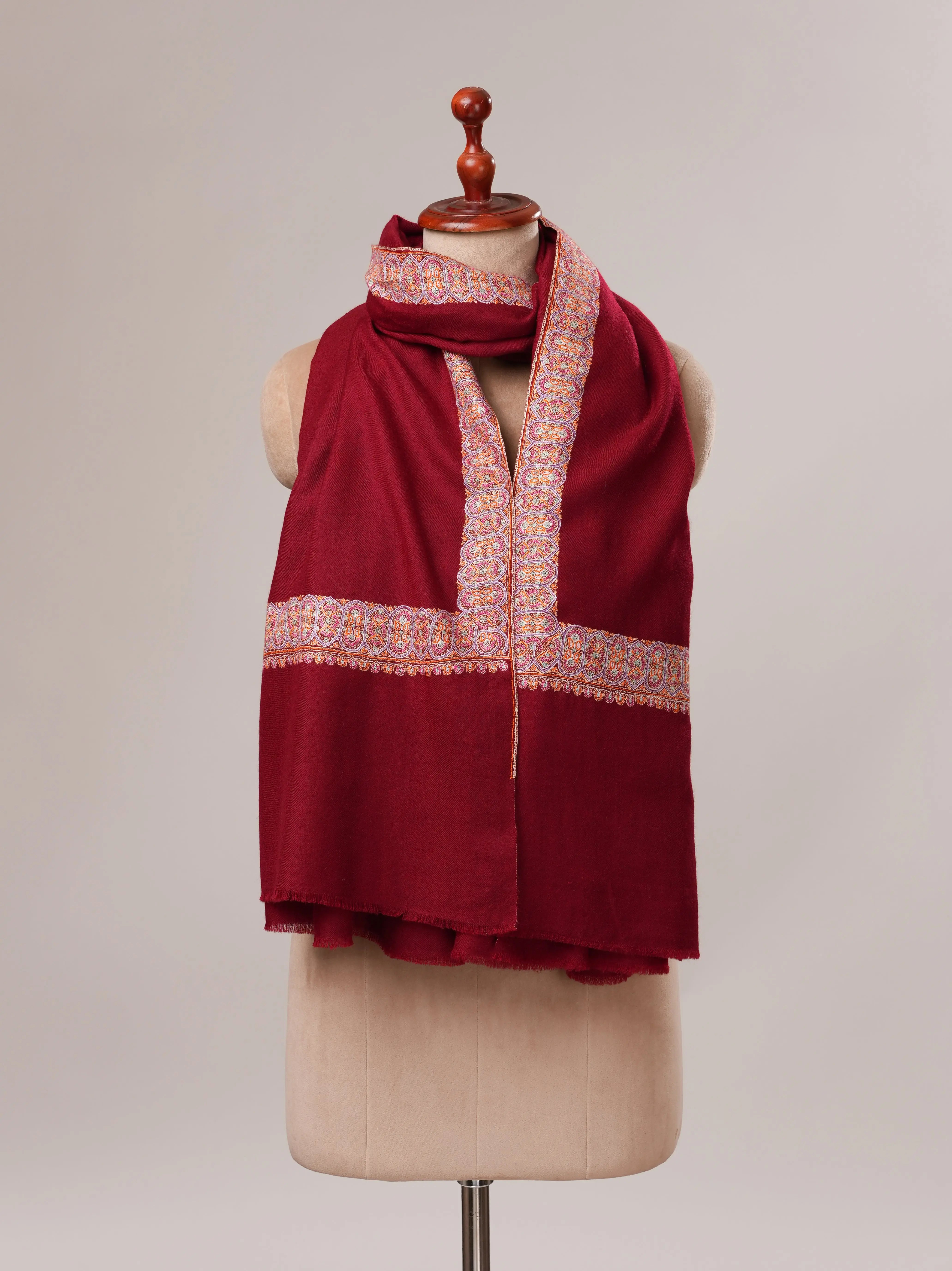 Maroon Neemdaur Hand Embroidered Pure Pashmina Shawl Shahkaar.com