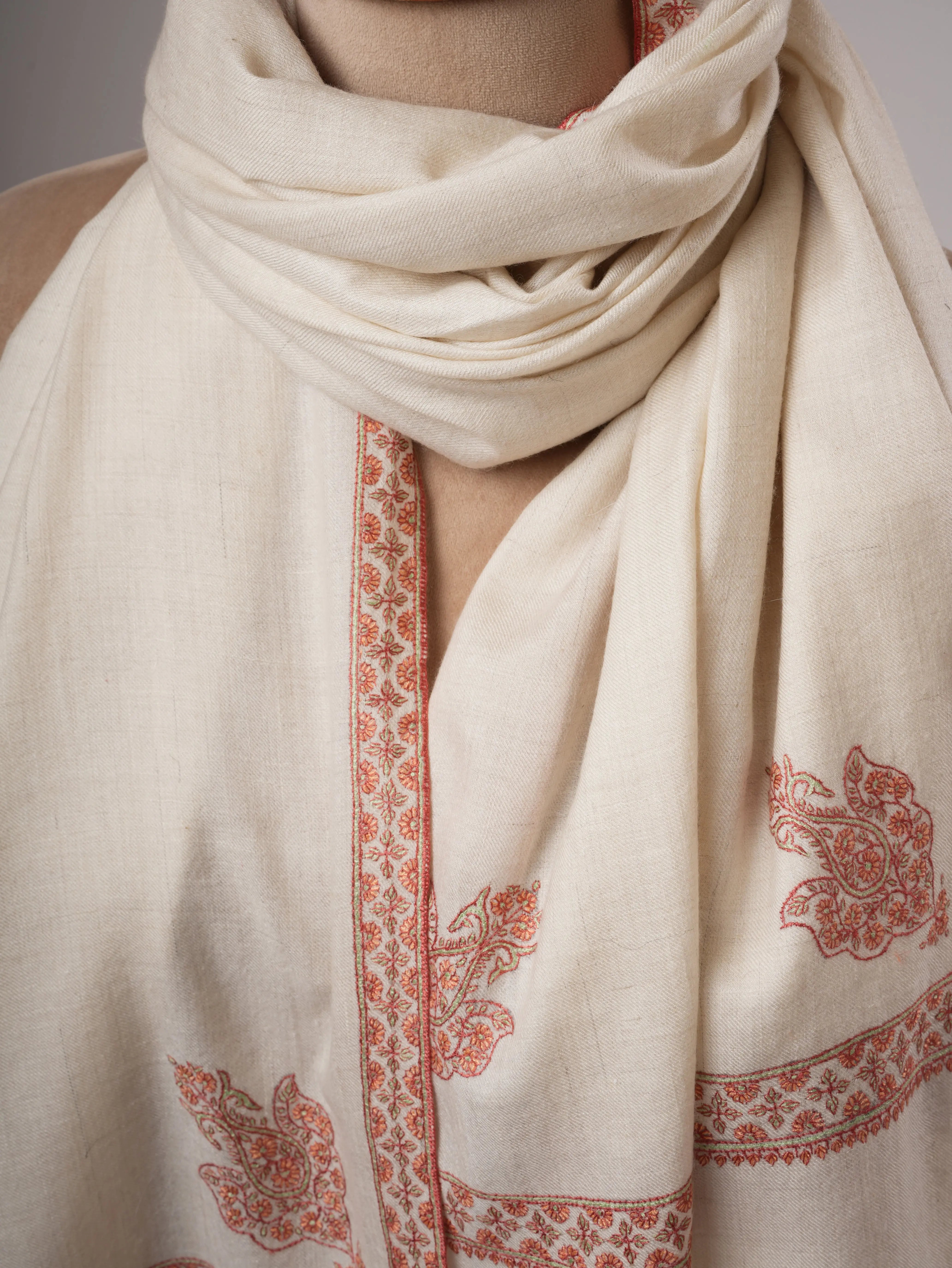 Natural Ivory Baby Soft Kashmiri Pashmina Shawl – Hand Embroidered Hashia Border Shahkaar