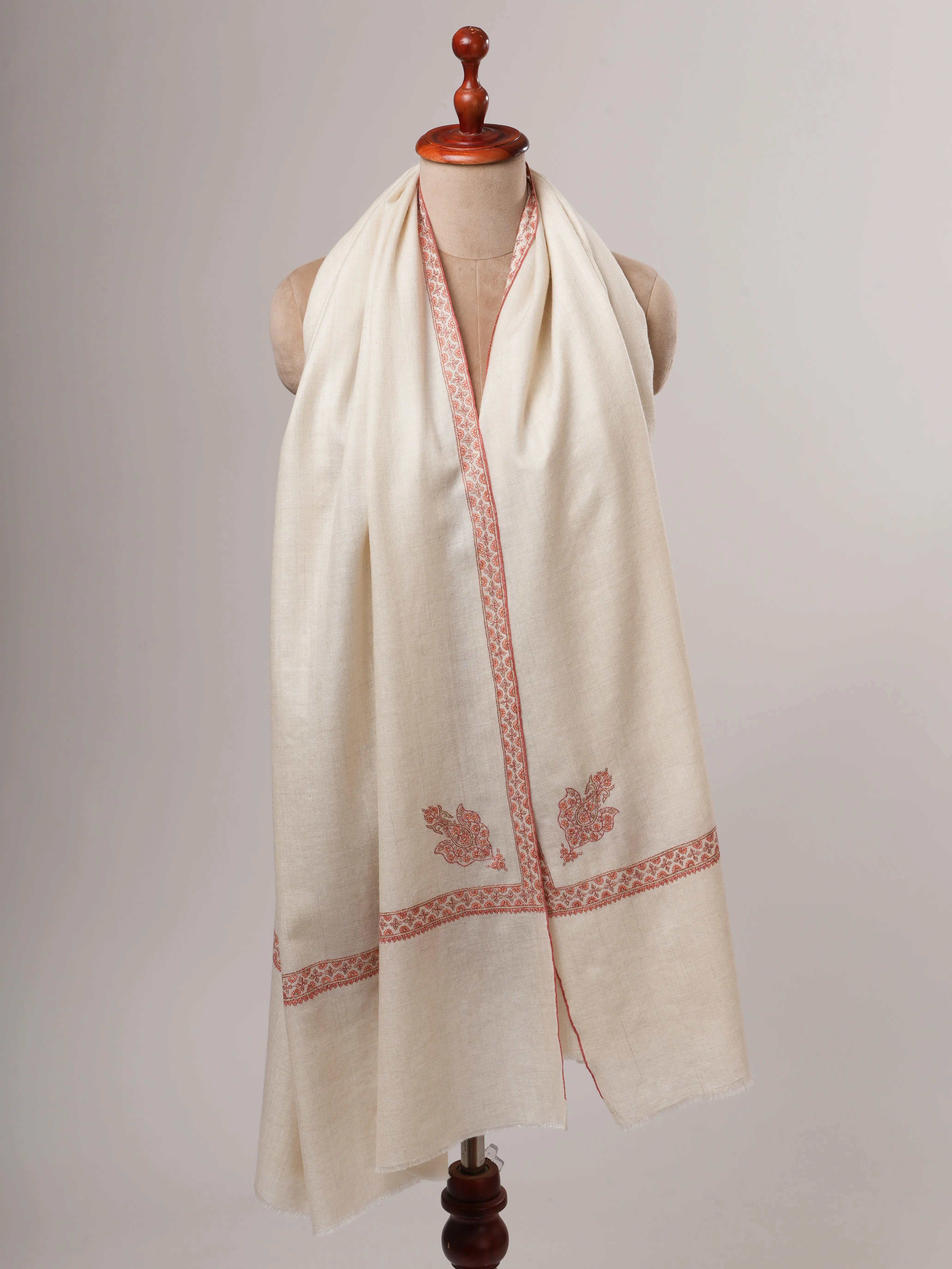 Natural Ivory Baby Soft Kashmiri Pashmina Shawl – Hand Embroidered Hashia Border Shahkaar