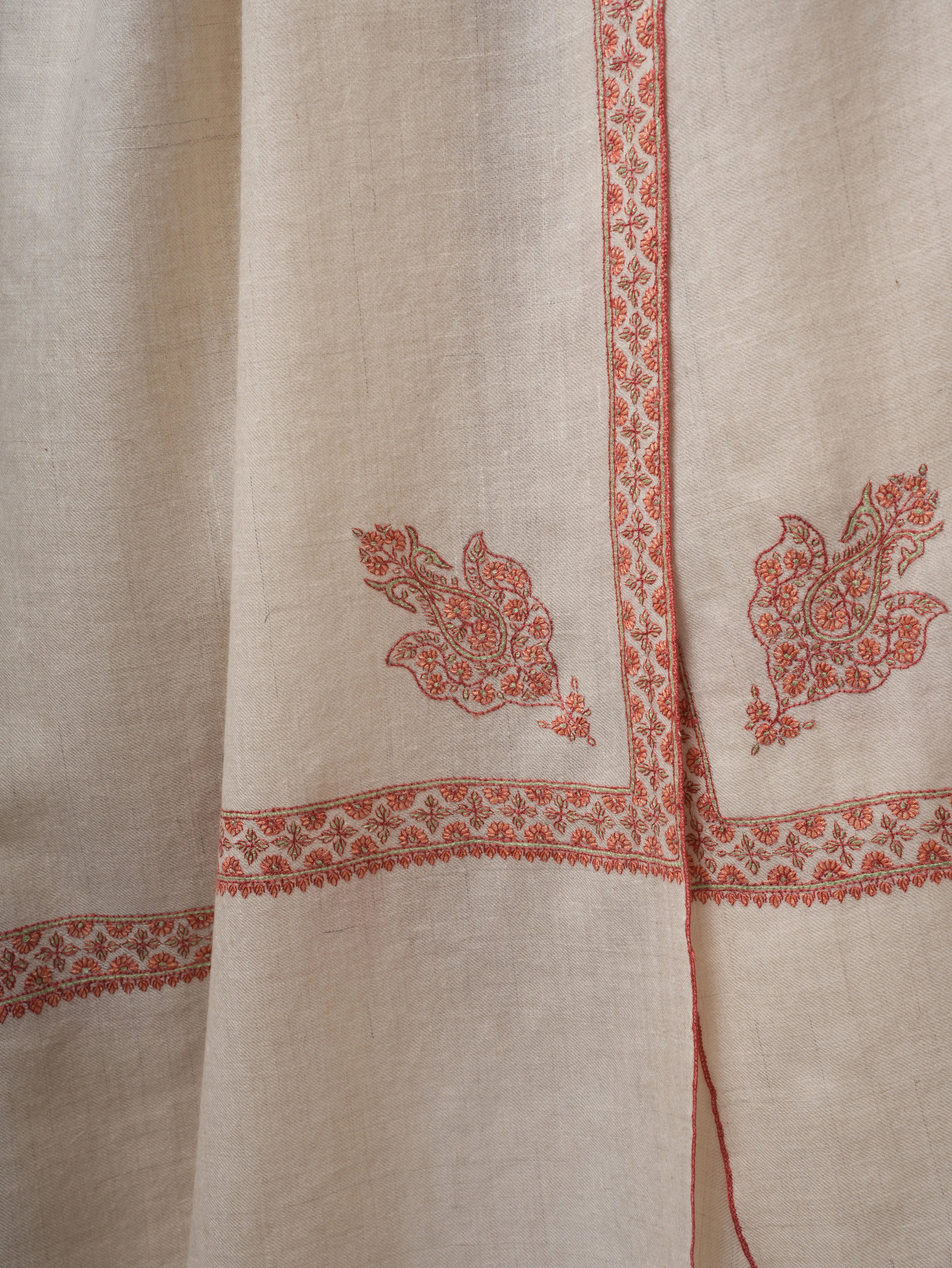 Natural Ivory Baby Soft Kashmiri Pashmina Shawl – Hand Embroidered Hashia Border Shahkaar
