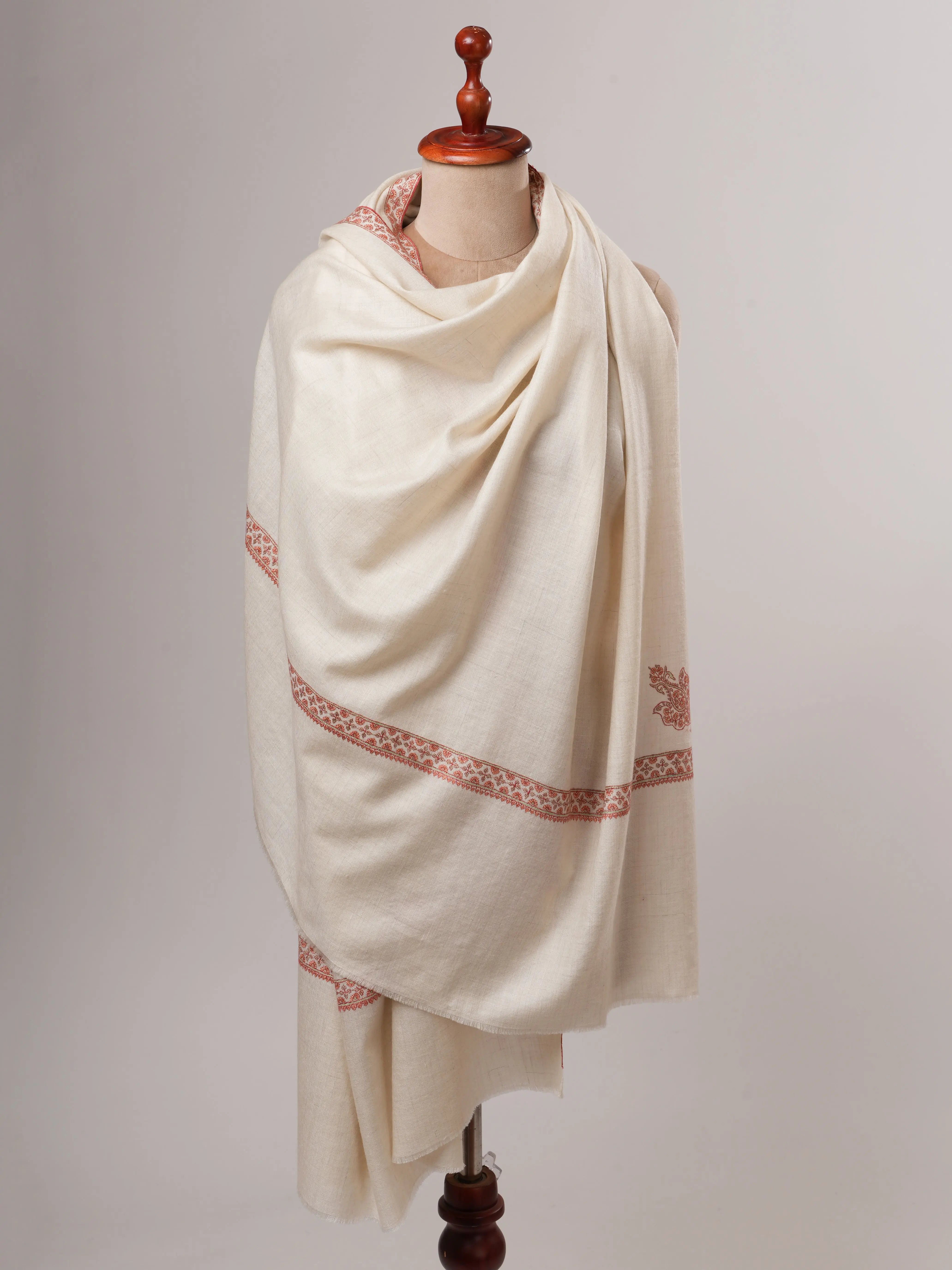 Natural Ivory Baby Soft Kashmiri Pashmina Shawl – Hand Embroidered Hashia Border Shahkaar