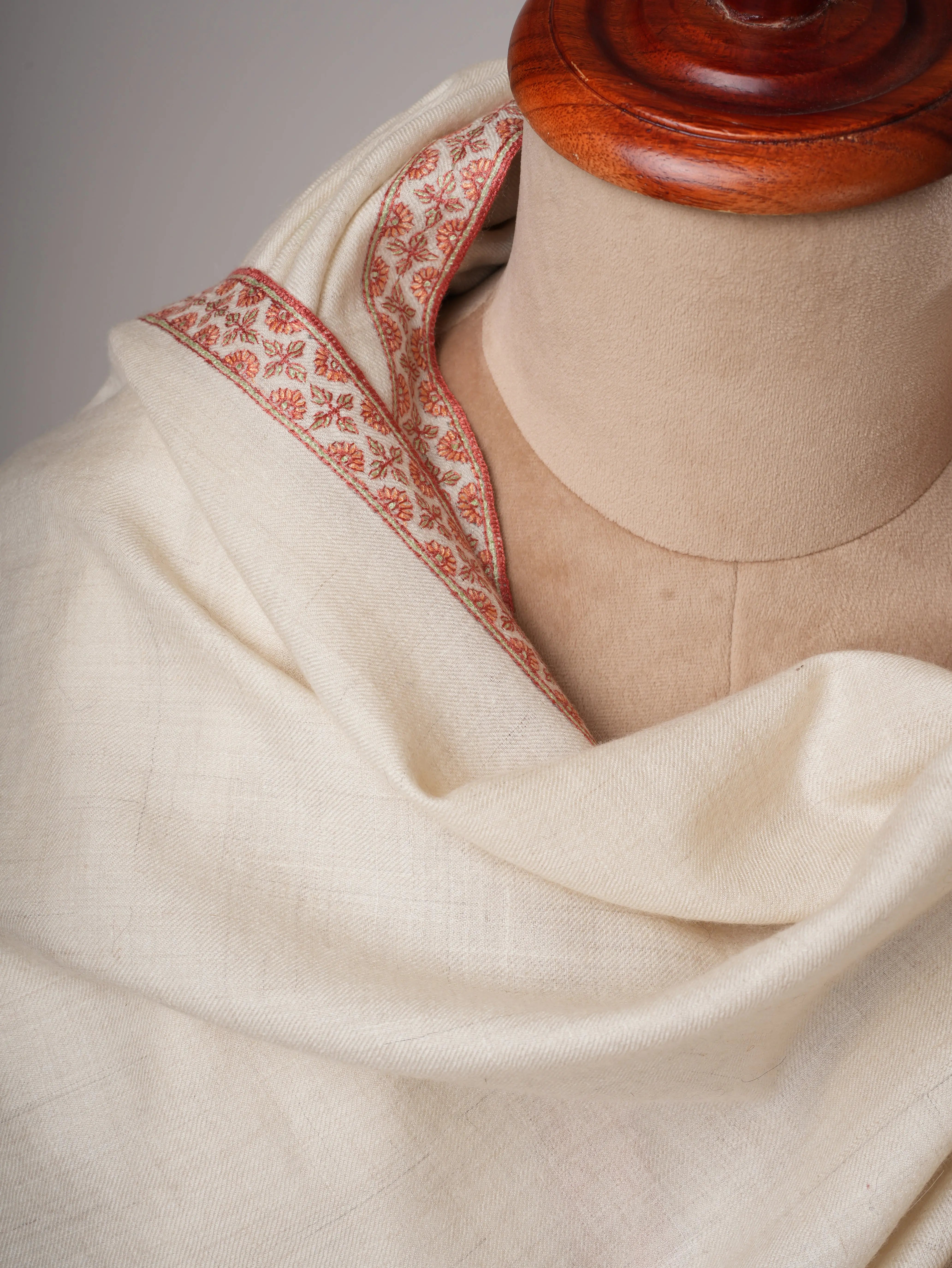 Natural Ivory Baby Soft Kashmiri Pashmina Shawl – Hand Embroidered Hashia Border Shahkaar