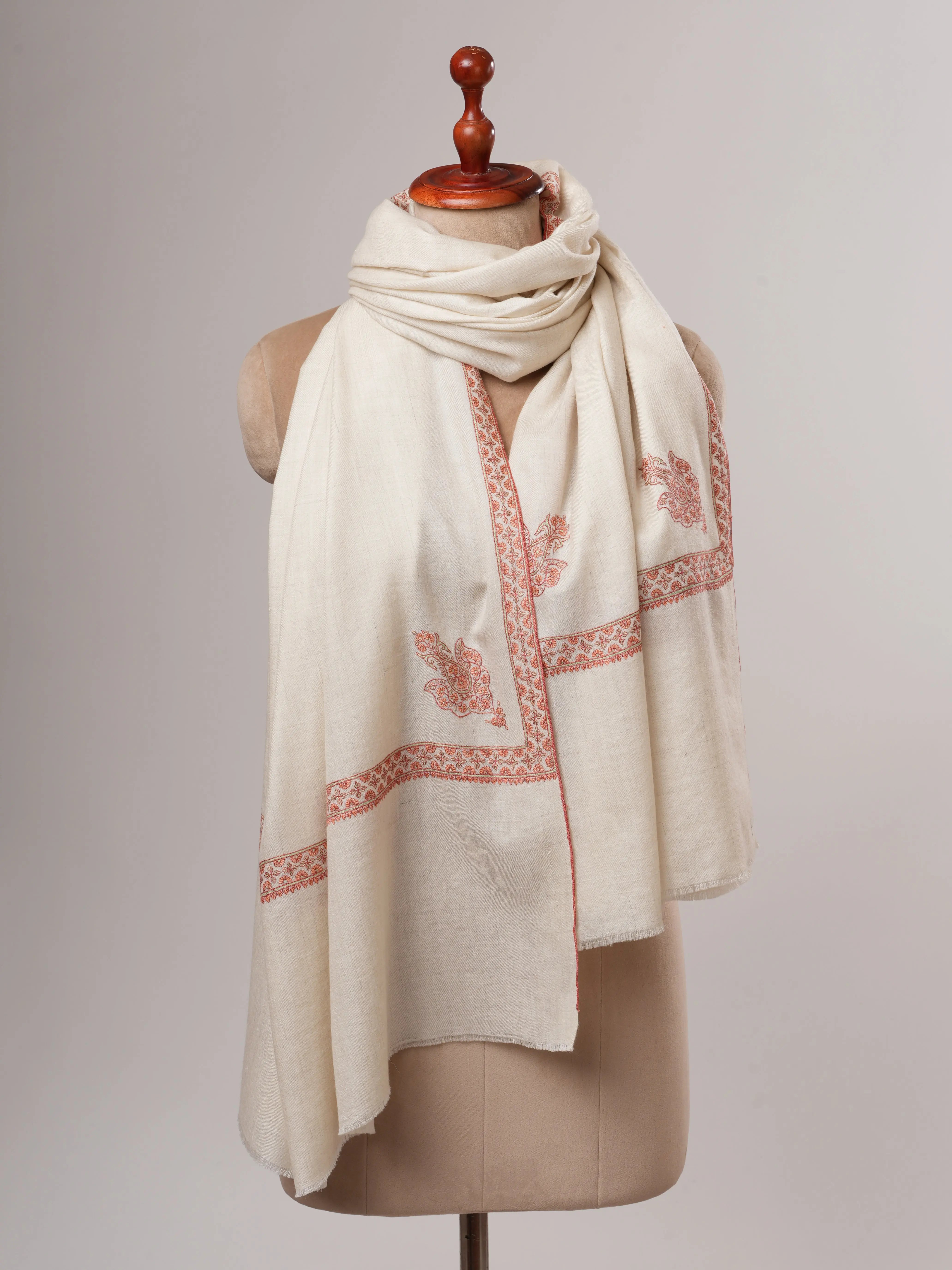 Natural Ivory Baby Soft Kashmiri Pashmina Shawl – Hand Embroidered Hashia Border Shahkaar