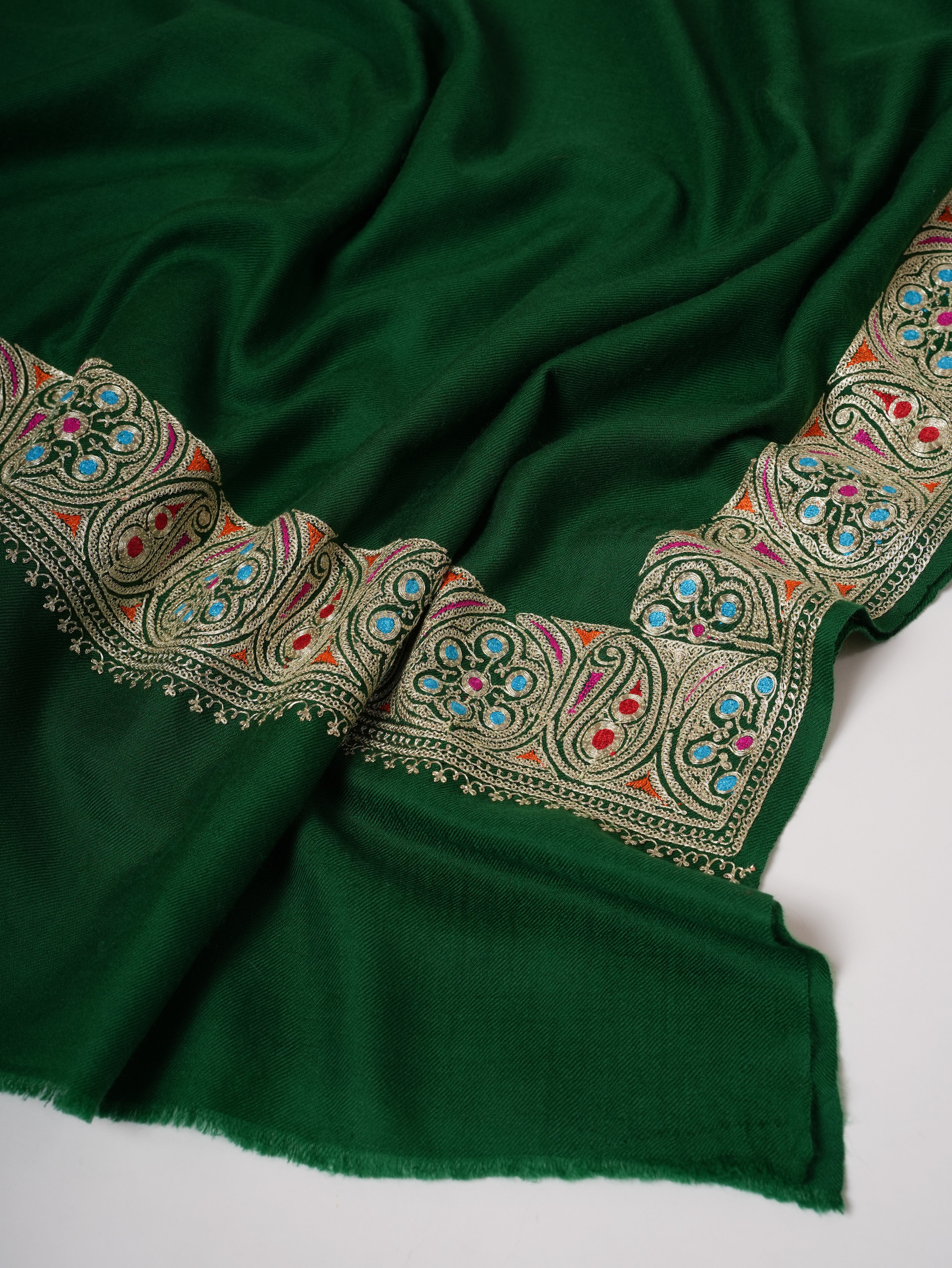 Emerald Green Pashmina Shawl with Watergold Tilla Embroidery and Sozni Shahkaar