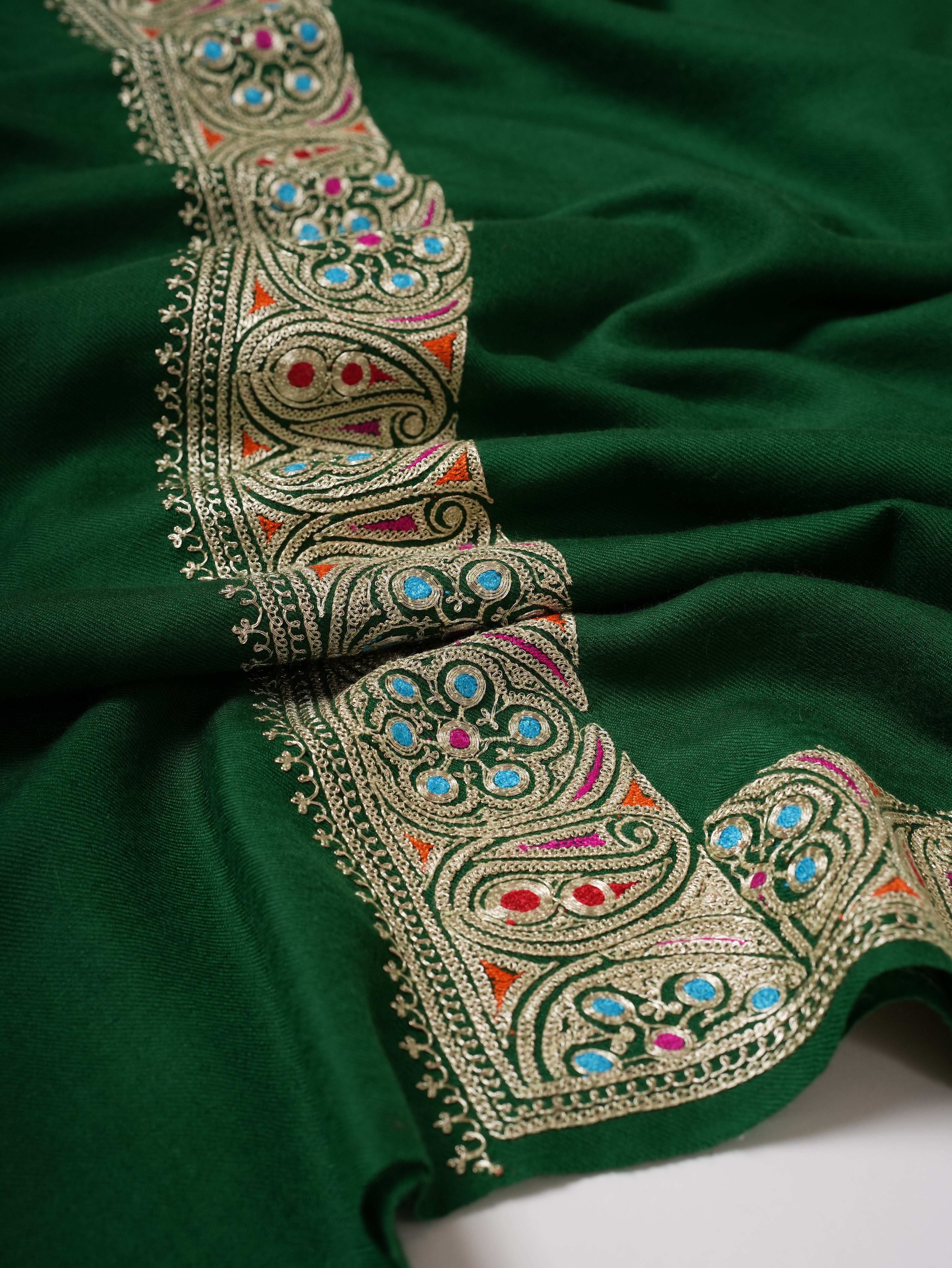 Emerald Green Pashmina Shawl with Watergold Tilla Embroidery and Sozni Shahkaar